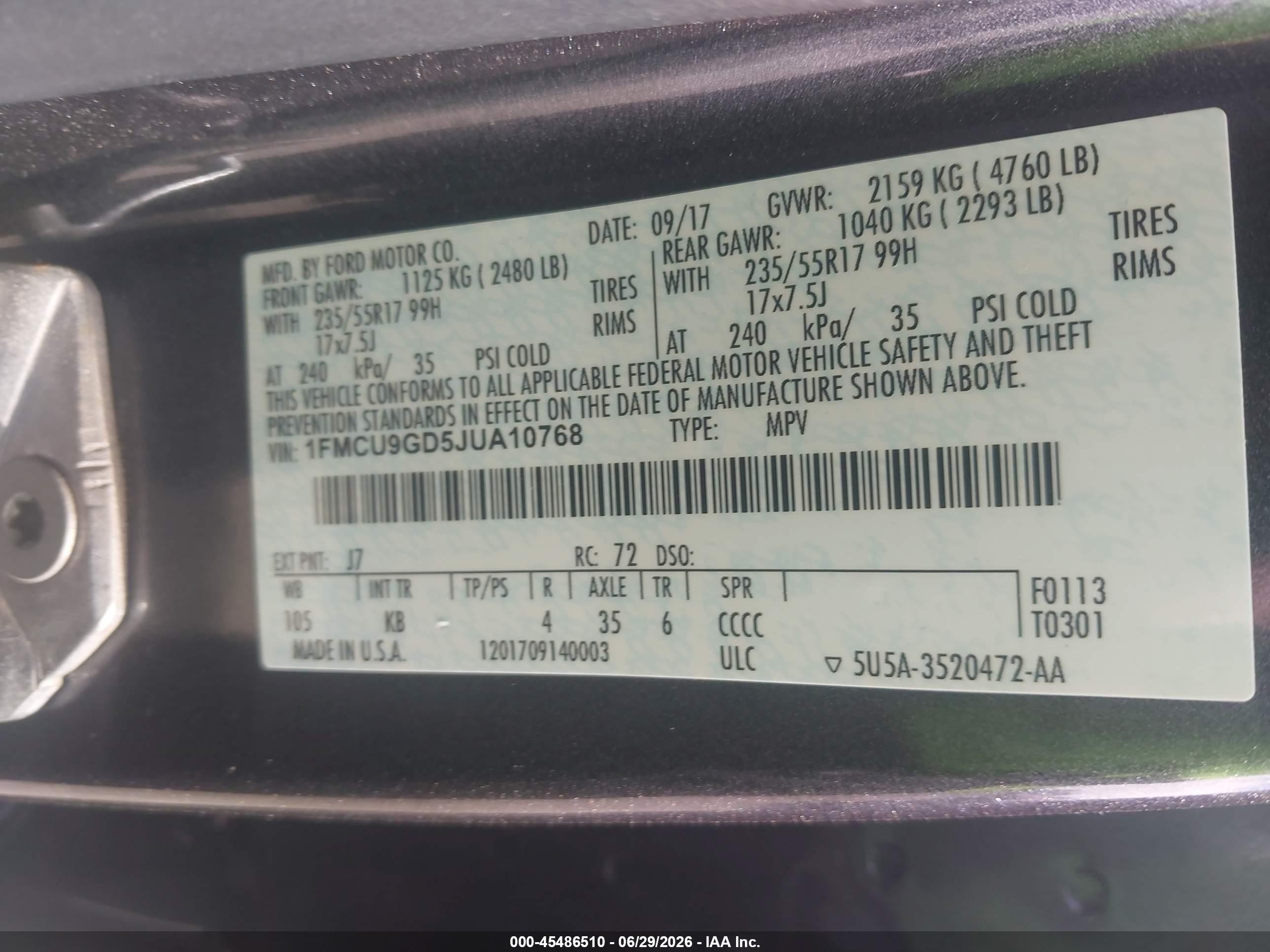 2018 Ford Escape VIN 1FMCU9GD5JUA10768 IAAI salvage auction — Normal Wear, Clear - Dealer Only (California), sold $1,000 on 2026-07-09 (photo 9)
