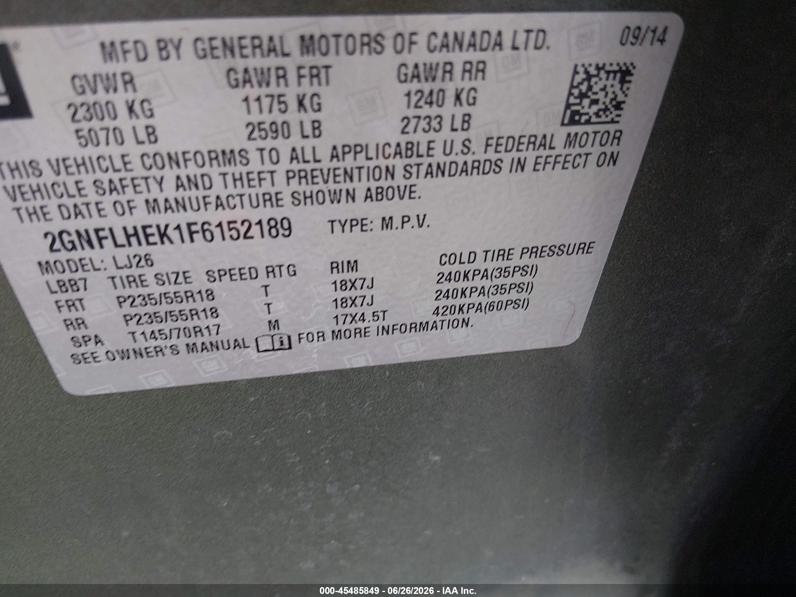 2015 Chevrolet Equinox VIN 2GNFLHEK1F6152189 IAAI salvage auction — Front End, Prior Salvage (Minnesota), sold $600 on 2026-10-13 (photo 9)