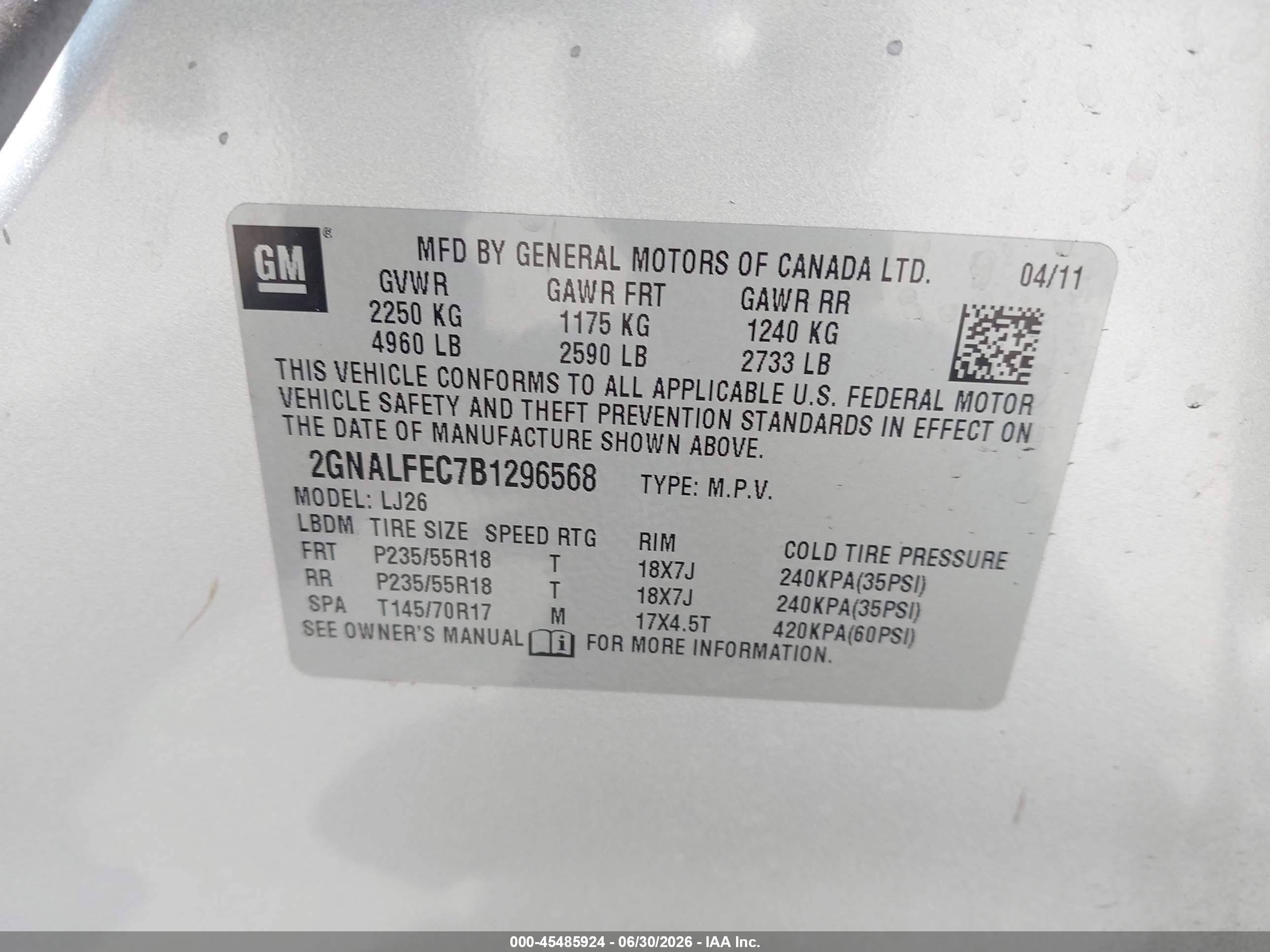 2011 Chevrolet Equinox VIN 2GNALFEC7B1296568 IAAI salvage auction — Normal Wear, Clear - Dealer Only (California), sold $675 on 2026-07-09 (photo 9)
