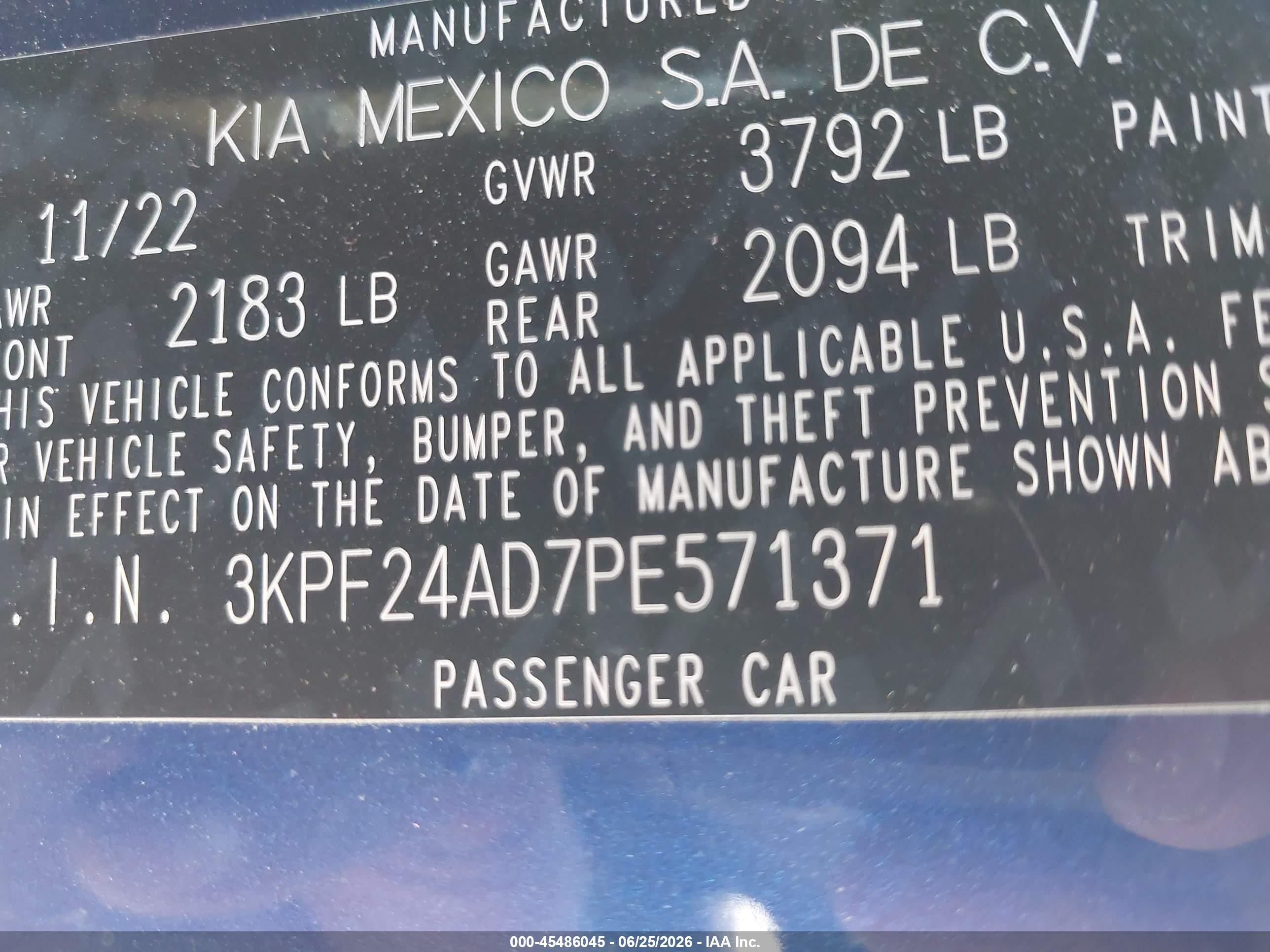 2023 Kia Forte VIN 3KPF24AD7PE571371 IAAI salvage auction — Unknown, Salvage (California), sold $3,050 on 2026-07-12 (photo 9)