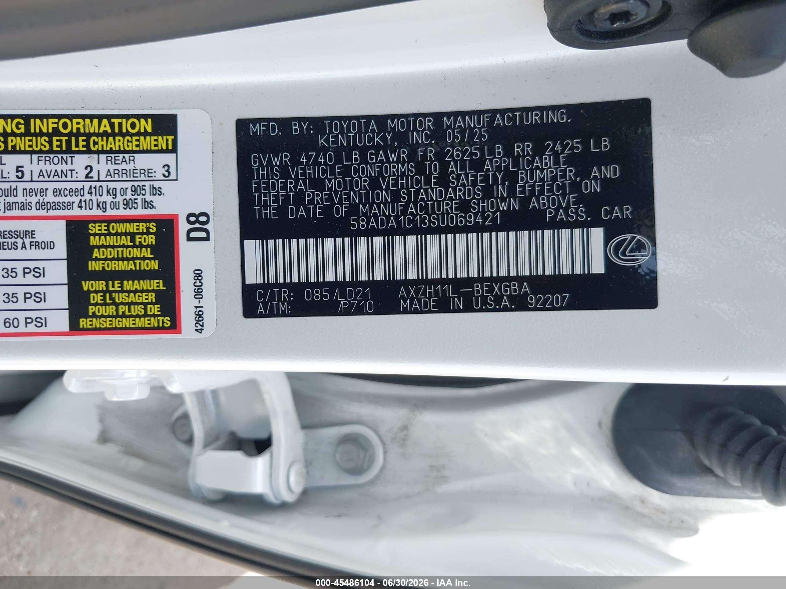 2025 Lexus ES 300h VIN 58ADA1C13SU069421 IAAI salvage auction — Rear End, Original (Texas), sold $25,000 on 2026-08-20 (photo 9)