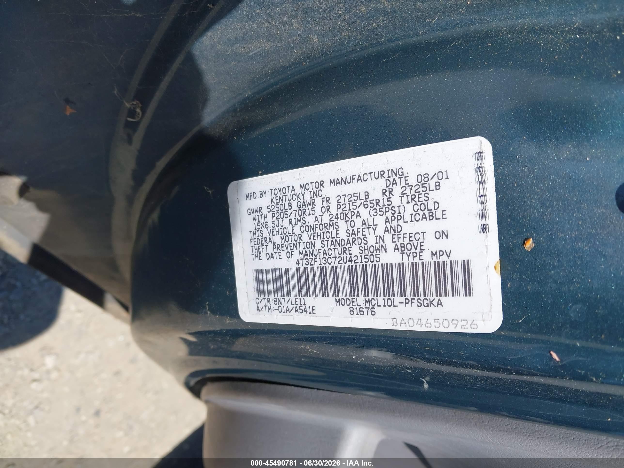 2002 Toyota Sienna VIN 4T3ZF13C72U421505 IAAI salvage auction — Normal Wear, Clear - Dealer Only (California), sold $350 on 2026-07-09 (photo 9)