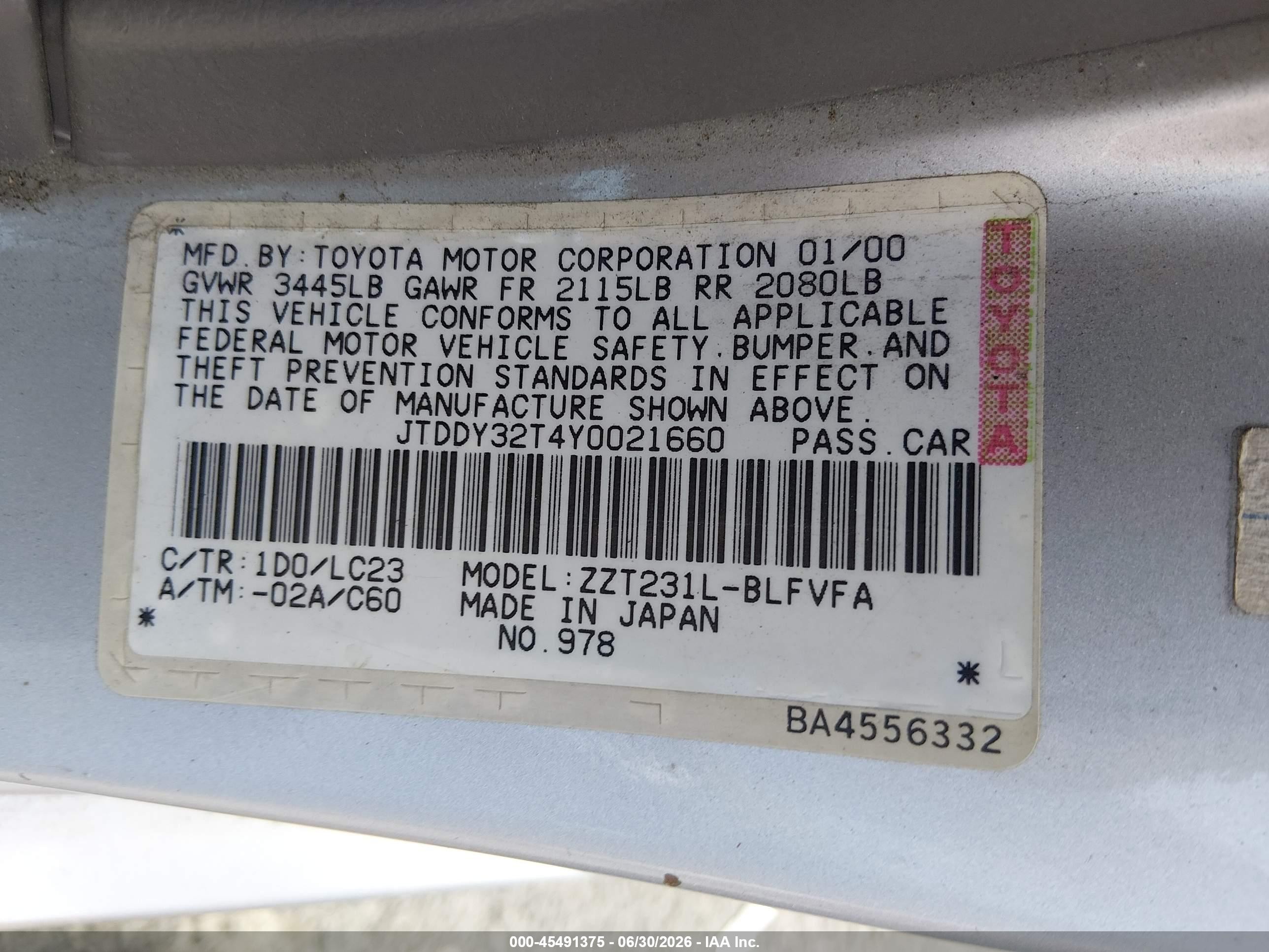 2000 Toyota Celica VIN JTDDY32T4Y0021660 IAAI salvage auction — Front End, Salvage (California), sold $1,000 on 2026-07-09 (photo 9)