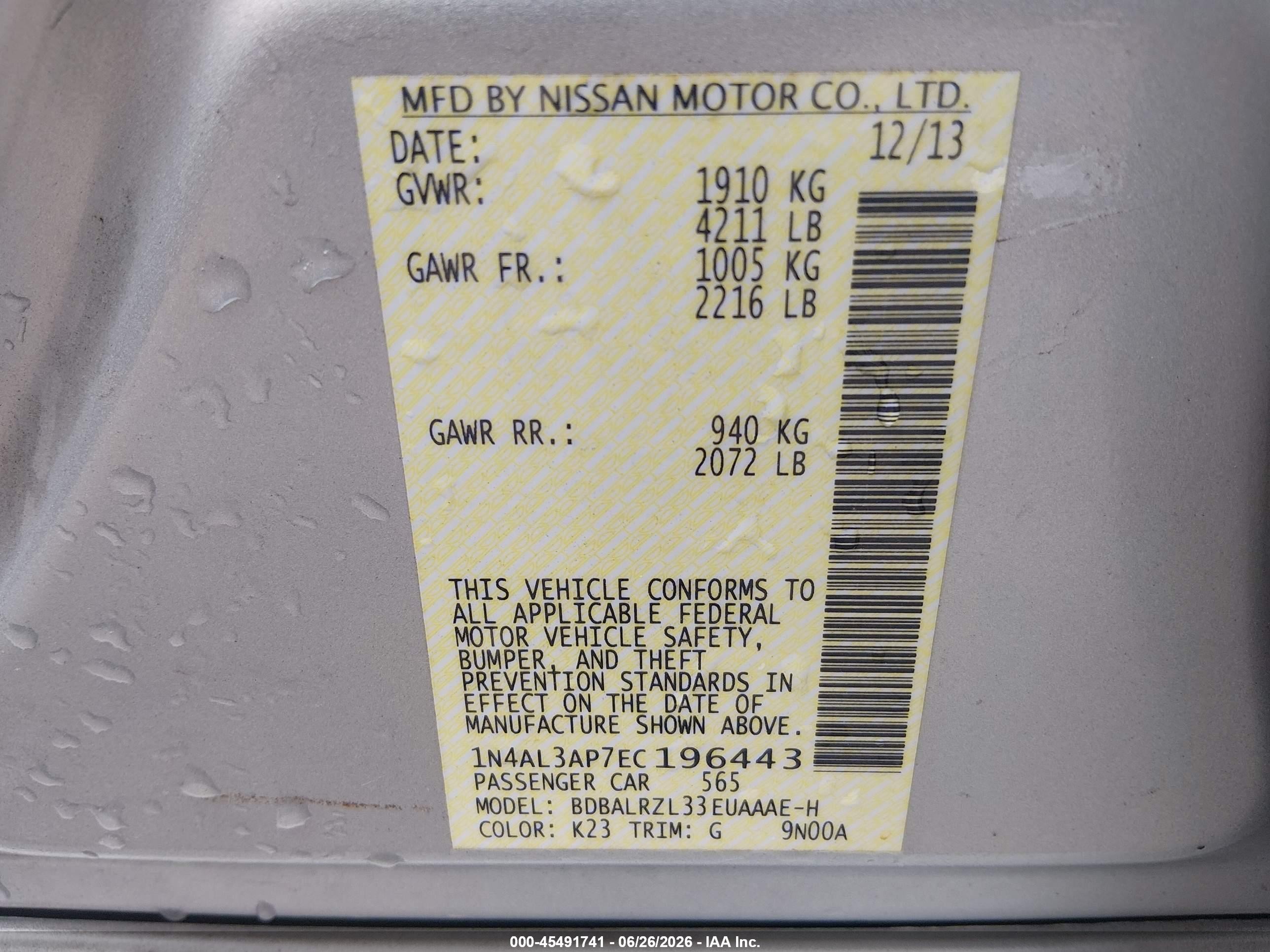 2014 Nissan Altima VIN 1N4AL3AP7EC196443 IAAI salvage auction — Side, Salvage (West Virginia), sold $275 on 2026-09-04 (photo 9)