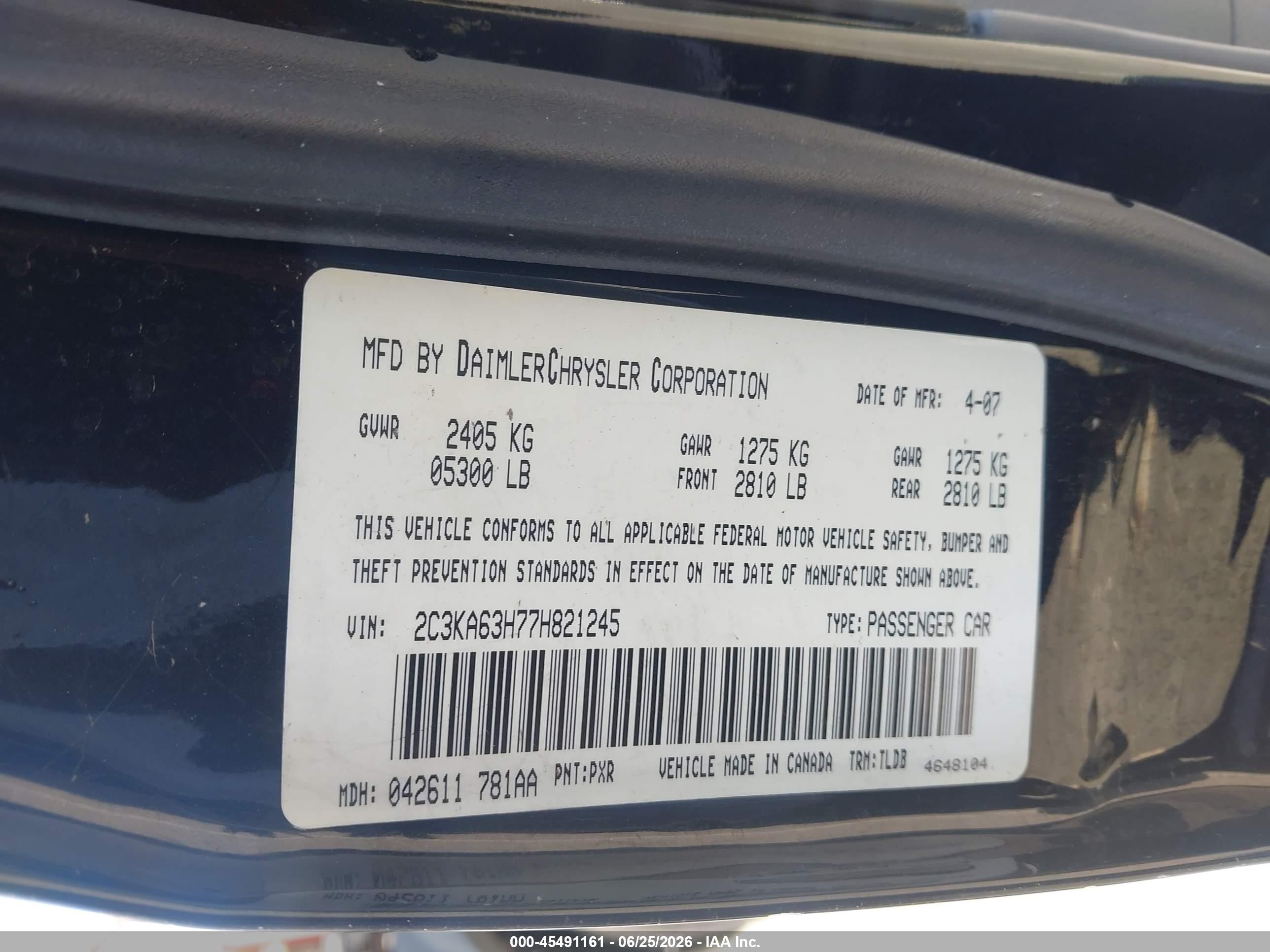2007 Chrysler 300 VIN 2C3KA63H77H821245 IAAI salvage auction — Normal Wear, Salvage (California), sold $350 on 2026-07-09 (photo 9)