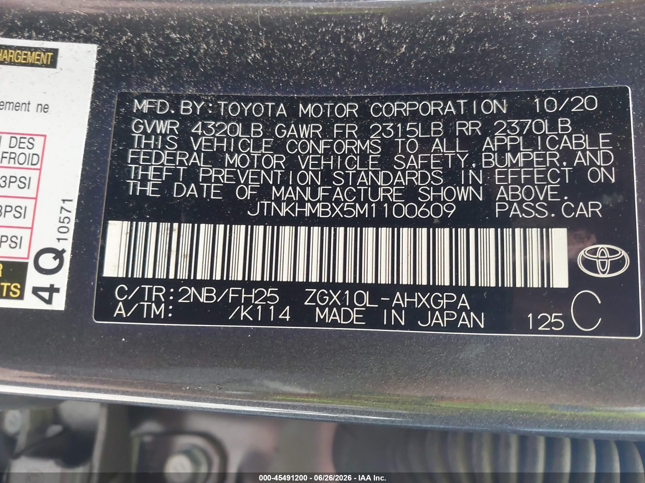 2021 Toyota C-hr VIN JTNKHMBX5M1100609 IAAI salvage auction — Rear End, Salvage (Kentucky), sold $4,850 on 2026-09-08 (photo 9)