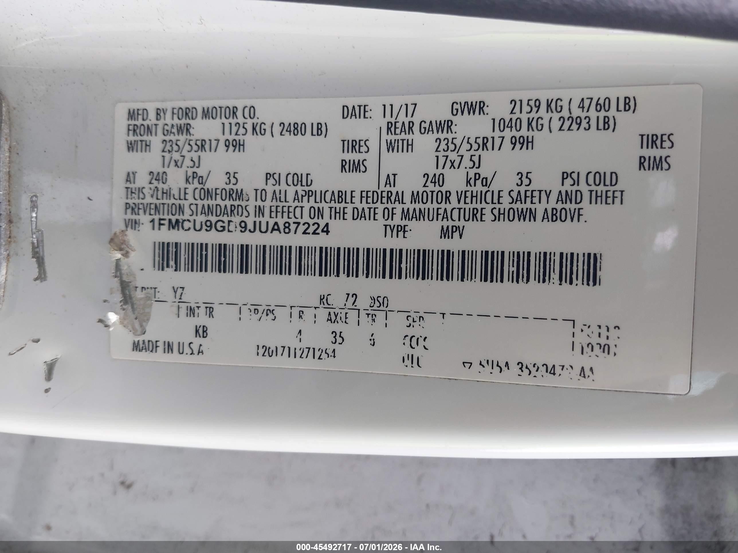 2018 Ford Escape VIN 1FMCU9GD9JUA87224 IAAI salvage auction — Normal Wear, Clear-Dealer Only (Oregon), sold $925 on 2026-07-09 (photo 9)