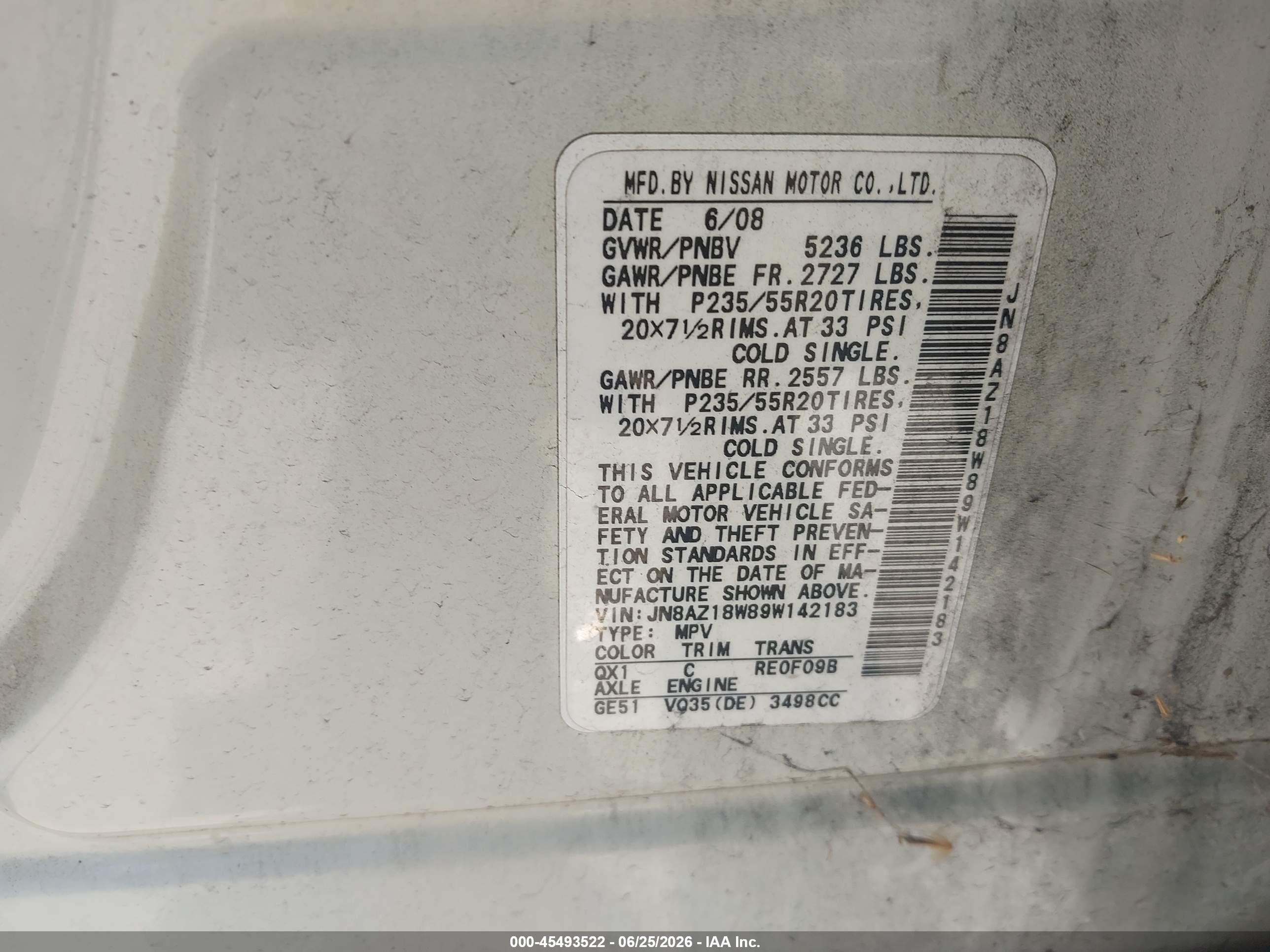 2009 Nissan Murano VIN JN8AZ18W89W142183 IAAI salvage auction — Normal Wear, Clear - Dealer Only (California), sold $875 on 2026-07-08 (photo 9)