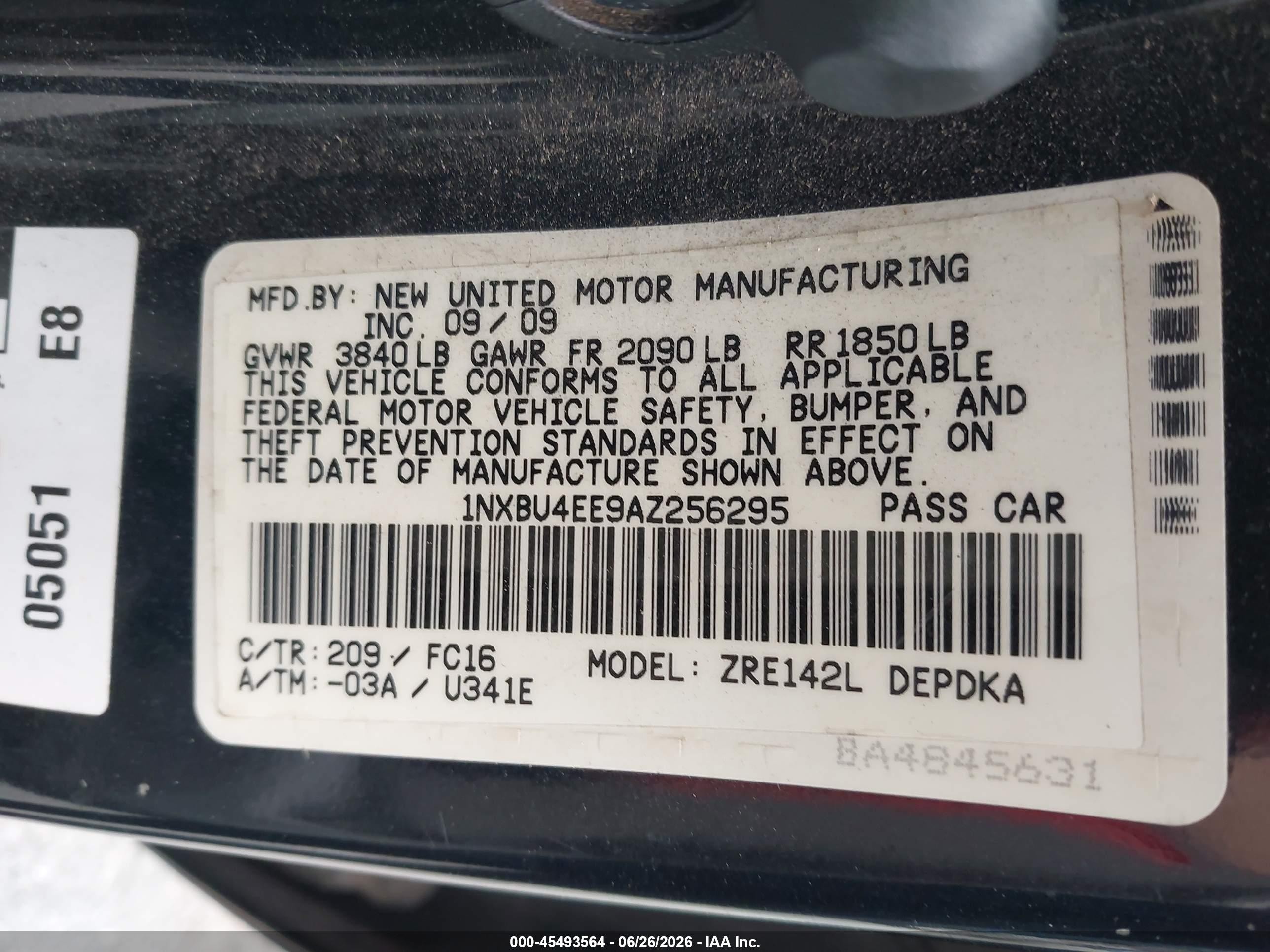 2010 Toyota Corolla VIN 1NXBU4EE9AZ256295 IAAI salvage auction — Normal Wear, Salvage (California), sold $750 on 2026-07-09 (photo 9)