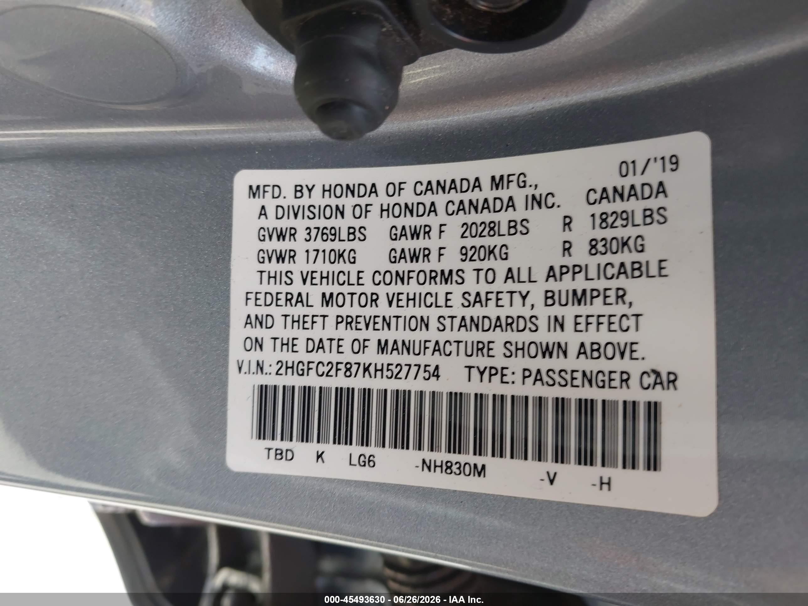 2019 Honda Civic VIN 2HGFC2F87KH527754 IAAI salvage auction — Normal Wear, Salvage (California), sold $4,000 on 2026-07-09 (photo 9)