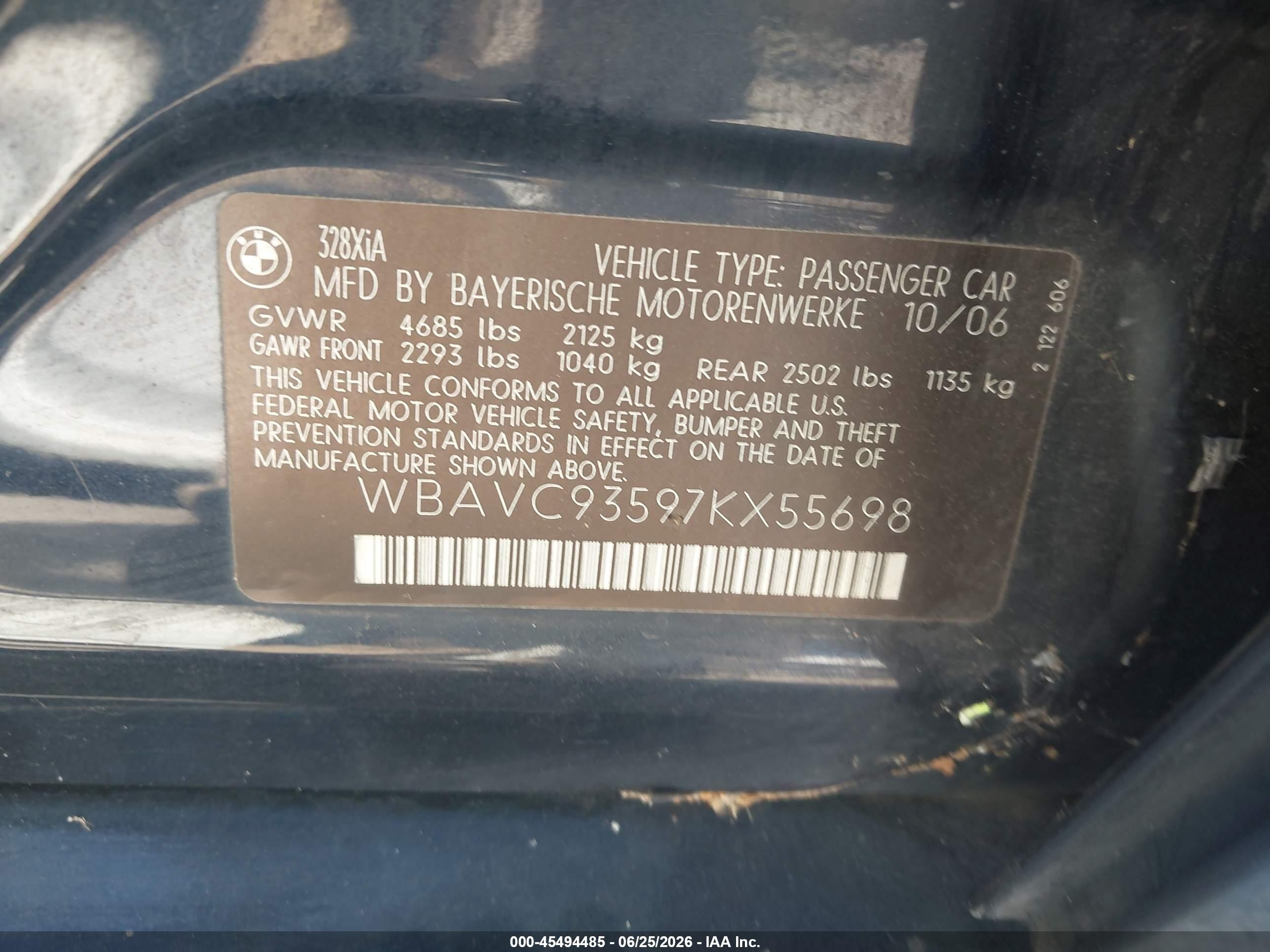 2007 BMW 3 Series VIN WBAVC93597KX55698 IAAI salvage auction — Normal Wear, Clear - Dealer Only (California), sold $375 on 2026-07-02 (photo 9)