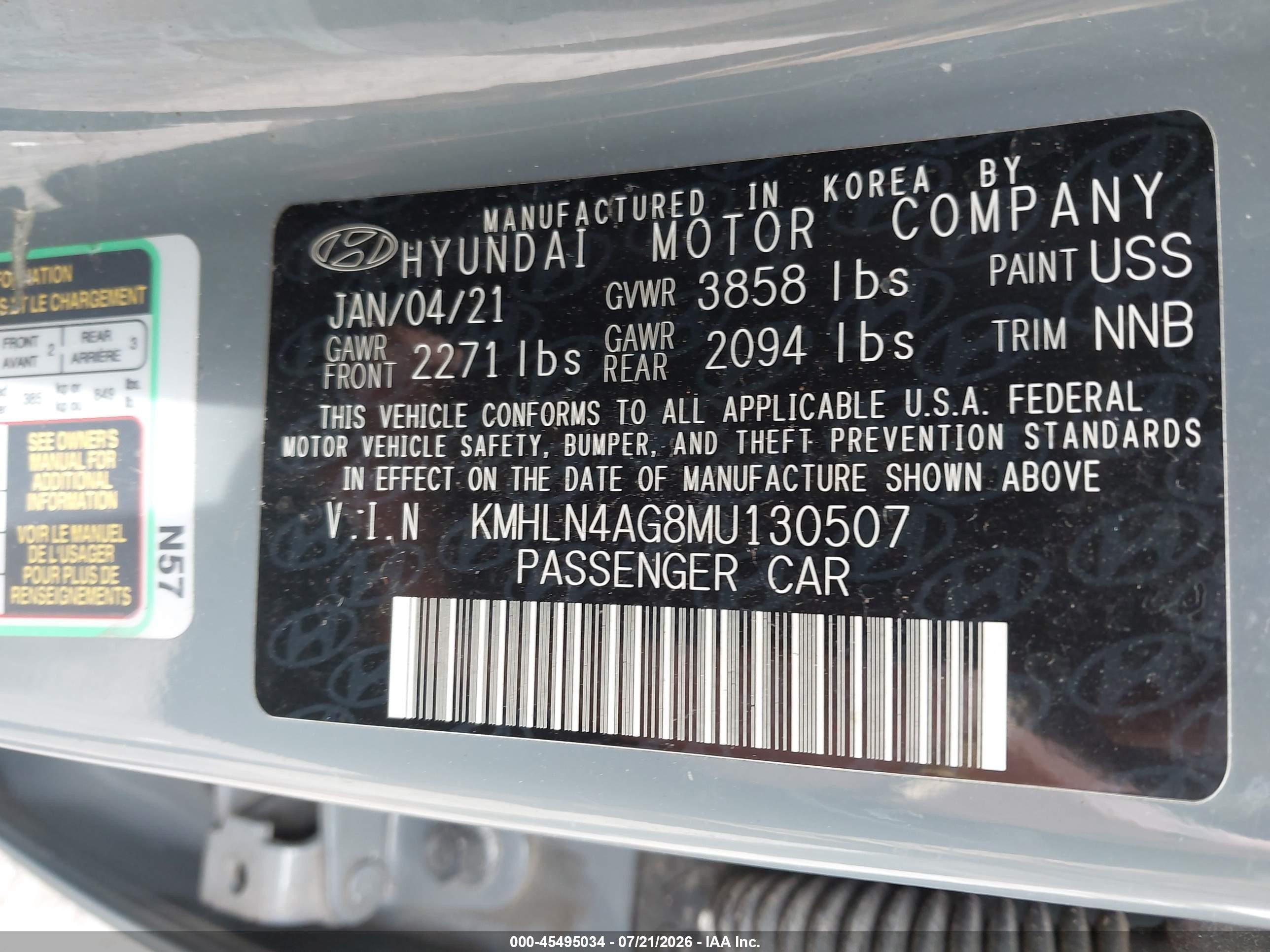 2021 Hyundai Elantra VIN KMHLN4AG8MU130507 IAAI salvage auction — Rear End, Salvage (Massachusetts), sold $2,550 on 2026-09-11 (photo 9)