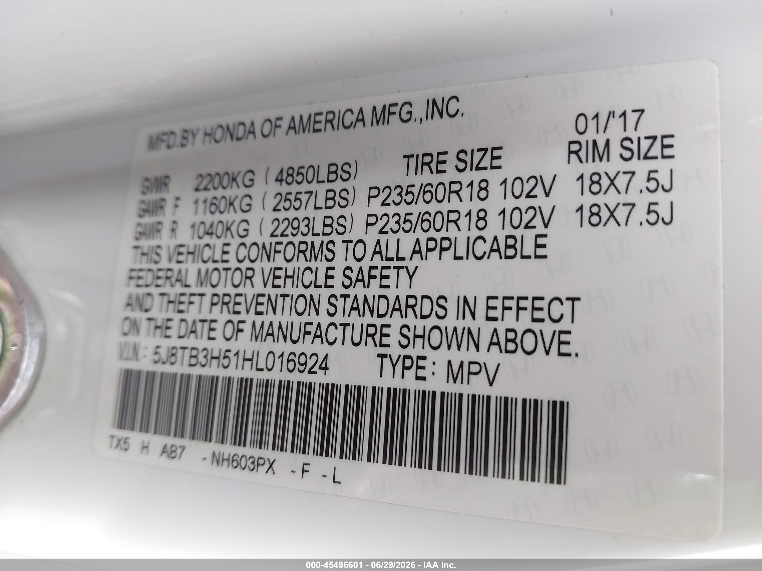 2017 Acura RDX VIN 5J8TB3H51HL016924 IAAI salvage auction — Rear End, Salvage Certificate (California), sold $2,850 on 2026-07-12 (photo 9)