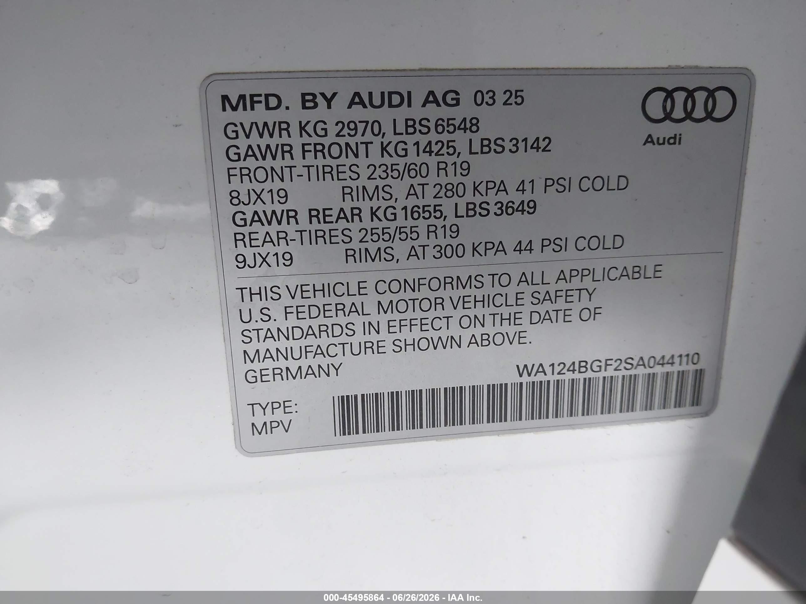 2025 Audi Q6 e-tron VIN WA124BGF2SA044110 IAAI salvage auction — Rear End, Salvage (California), sold $28,750 on 2026-08-09 (photo 9)