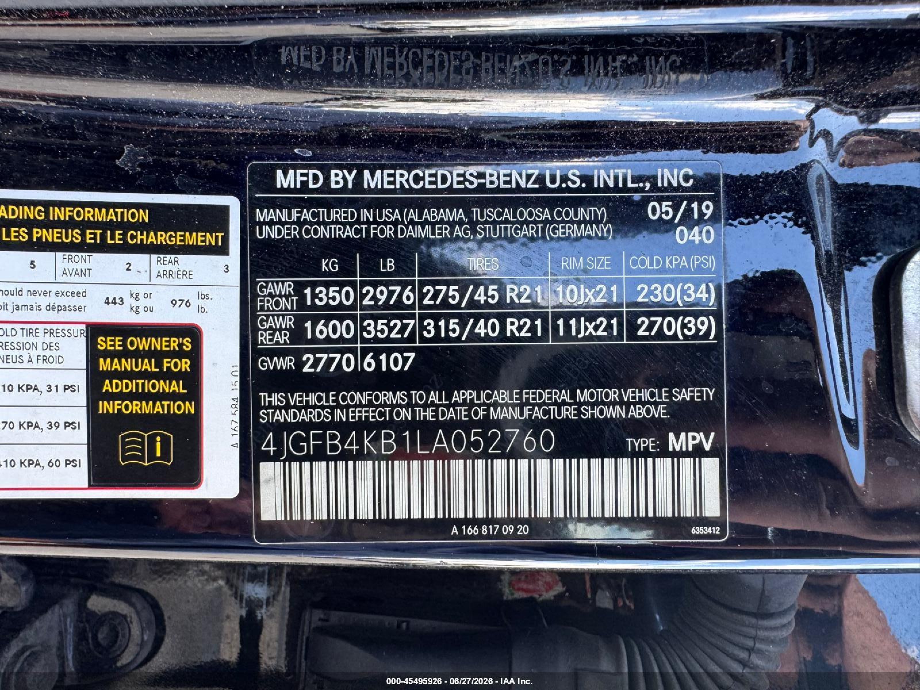 2020 Mercedes-benz Gle class VIN 4JGFB4KB1LA052760 IAAI salvage auction — Unknown, Clear (New York), sold $22,500 on 2026-08-14 (photo 9)