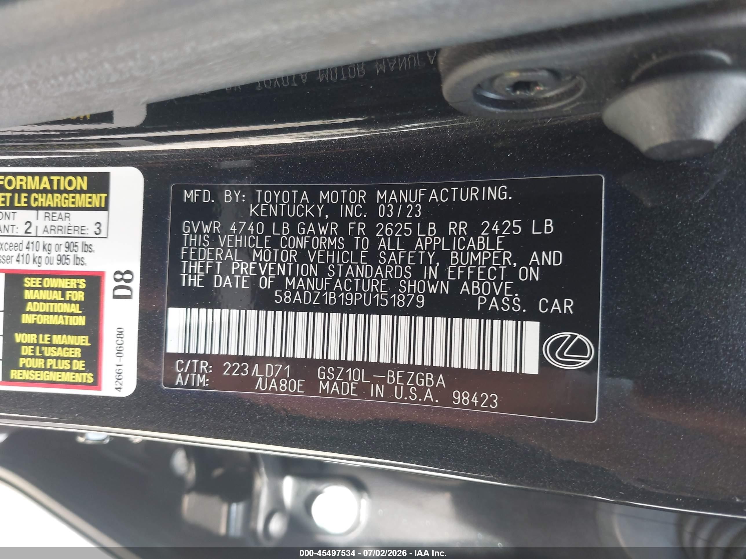 2023 Lexus ES VIN 58ADZ1B19PU151879 IAAI salvage auction — Front End, Original (Texas), sold $17,100 on 2026-09-12 (photo 9)