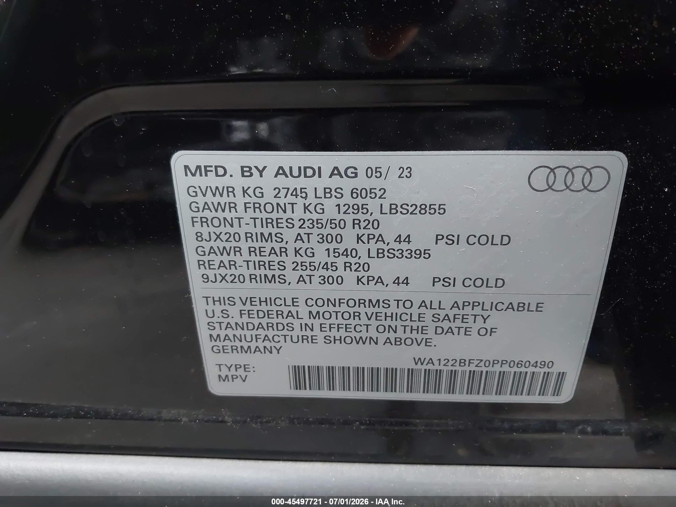 2023 Audi Q4 sportback e-tron VIN WA122BFZ0PP060490 IAAI salvage auction — Front End, Salvage Certificate (California), sold $7,400 on 2026-09-07 (photo 9)