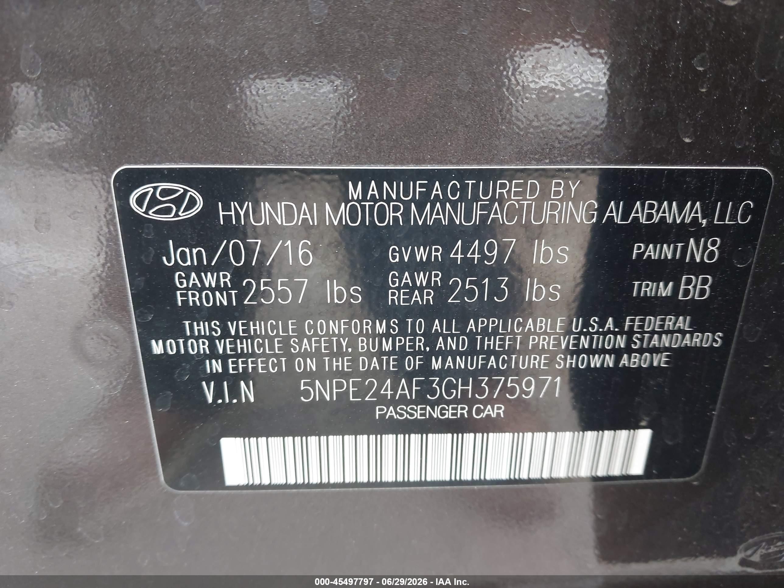 2016 Hyundai Sonata VIN 5NPE24AF3GH375971 IAAI salvage auction — Normal Wear, Clear - Dealer Only (California), sold $1,325 on 2026-07-09 (photo 9)
