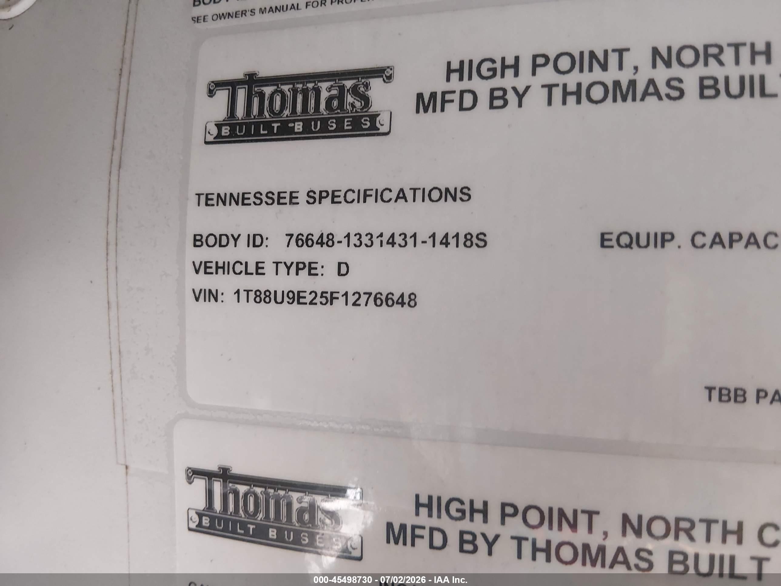 2015 Thomas School Bus VIN 1T88U9E25F1276648 IAAI salvage auction — Front End, Salvage (Tennessee), sold $1,200 on 2026-09-09 (photo 9)