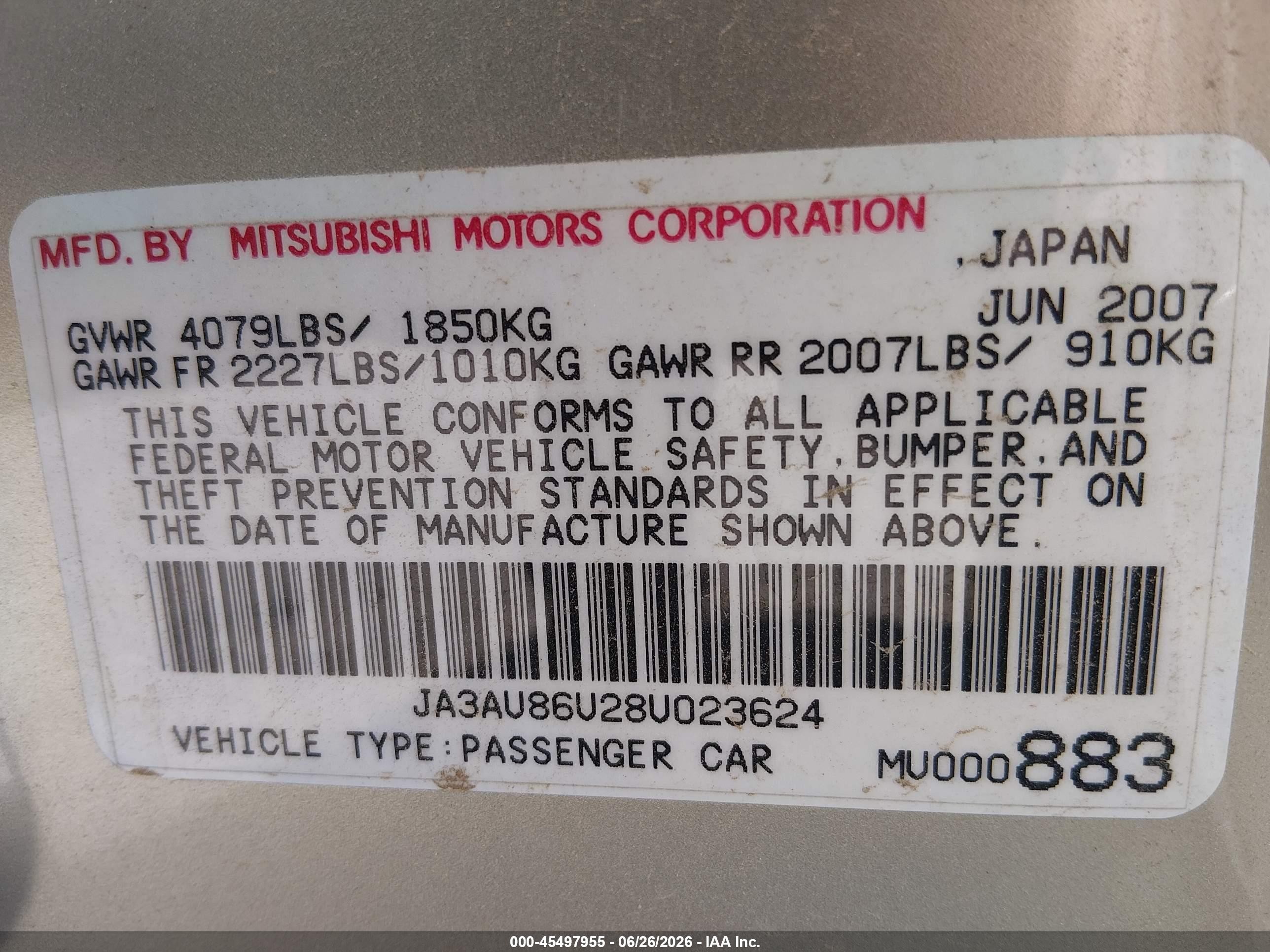 2008 Mitsubishi Lancer VIN JA3AU86U28U023624 IAAI salvage auction — Normal Wear, Clear (California), sold $400 on 2026-07-09 (photo 9)