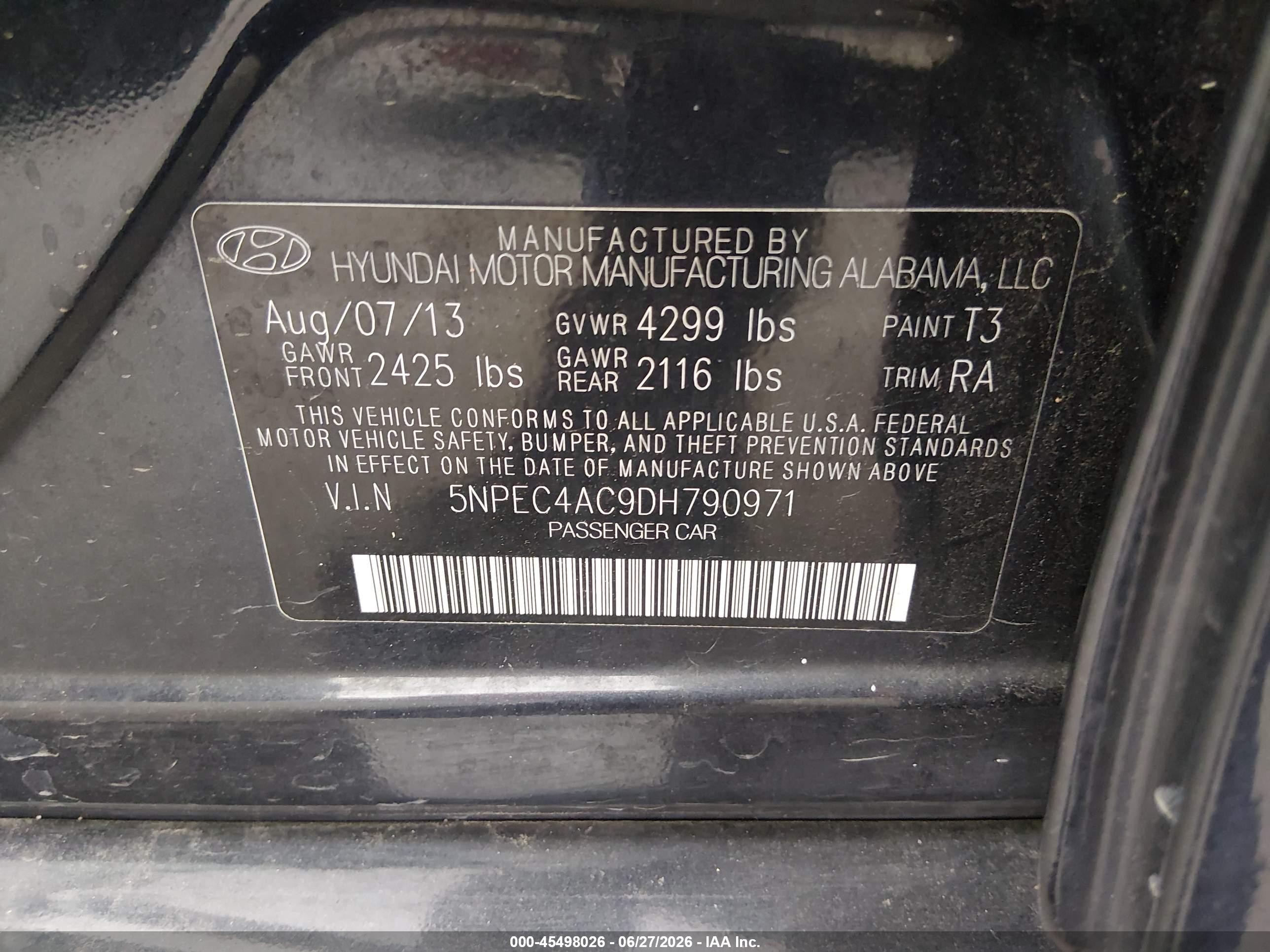 2013 Hyundai Sonata VIN 5NPEC4AC9DH790971 IAAI salvage auction — Normal Wear, Clear - Dealer Only (California), sold $500 on 2026-07-09 (photo 9)