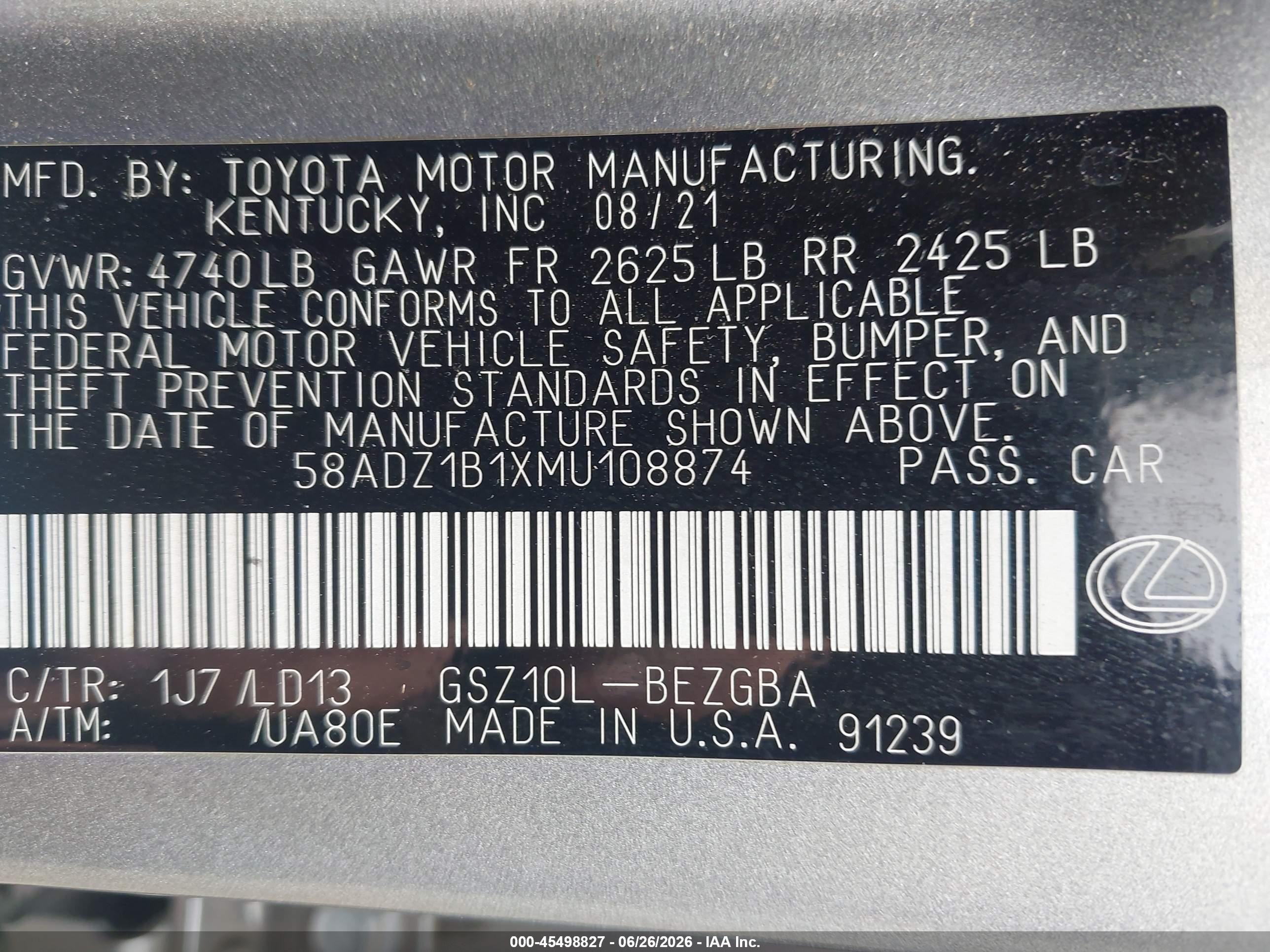 2021 Lexus ES 350 VIN 58ADZ1B1XMU108874 IAAI salvage auction — Side, Salvage (New Jersey), sold $13,000 on 2026-09-13 (photo 9)