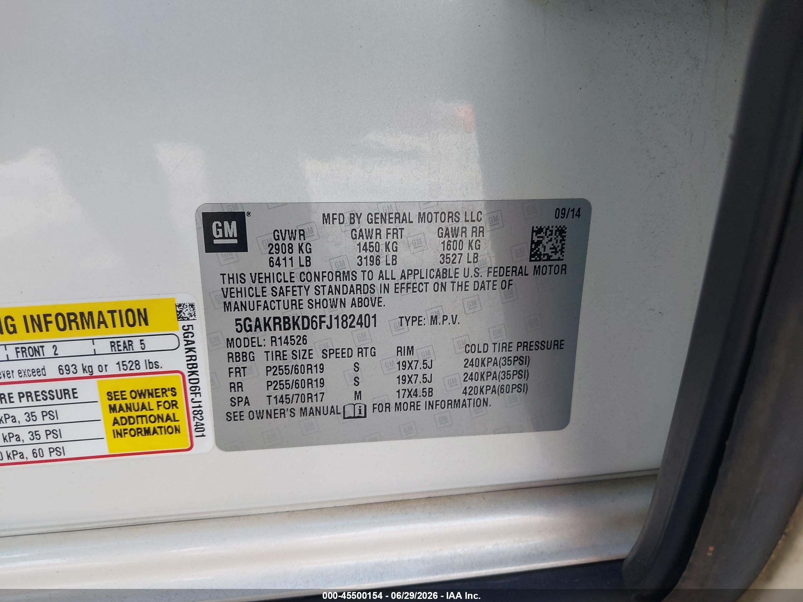 2015 Buick Enclave VIN 5GAKRBKD6FJ182401 IAAI salvage auction — Rear End, Salvage (Georgia), sold $450 on 2026-09-09 (photo 9)