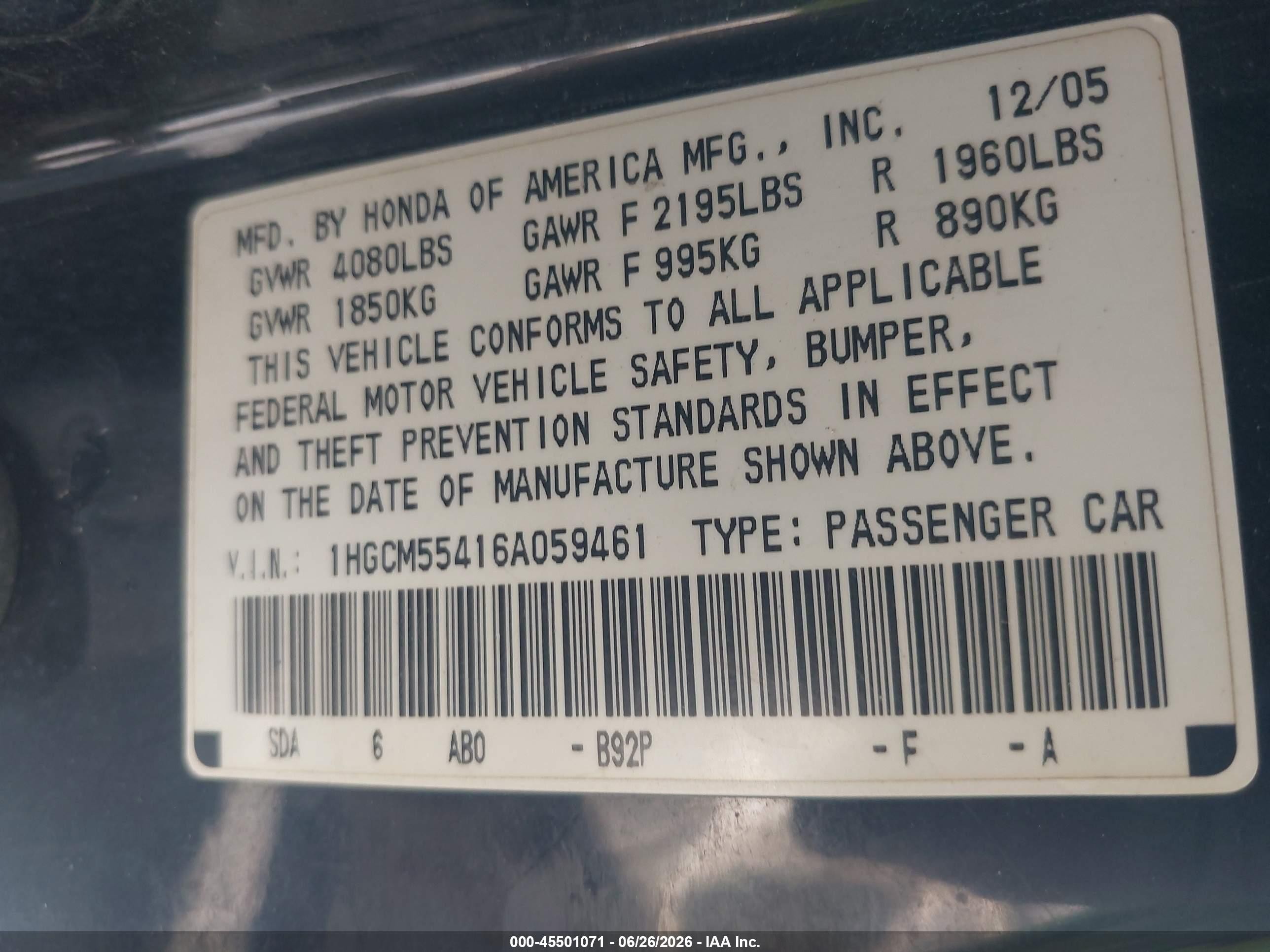 2006 Honda Accord VIN 1HGCM55416A059461 IAAI salvage auction — Normal Wear, Clear (Utah), sold $300 on 2026-07-02 (photo 9)