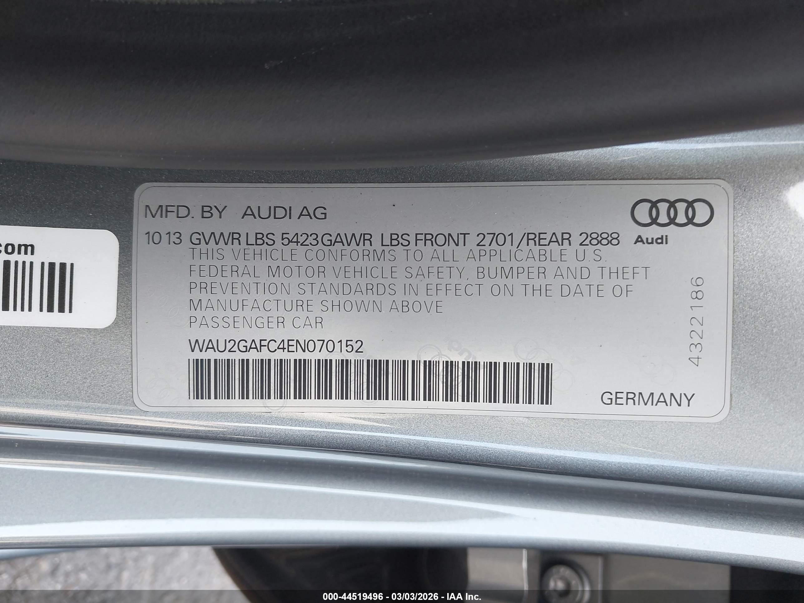 2014 Audi A7 VIN WAU2GAFC4EN070152 IAAI salvage auction — Front End, Salvage (California), sold $725 on 2026-07-02 (photo 9)