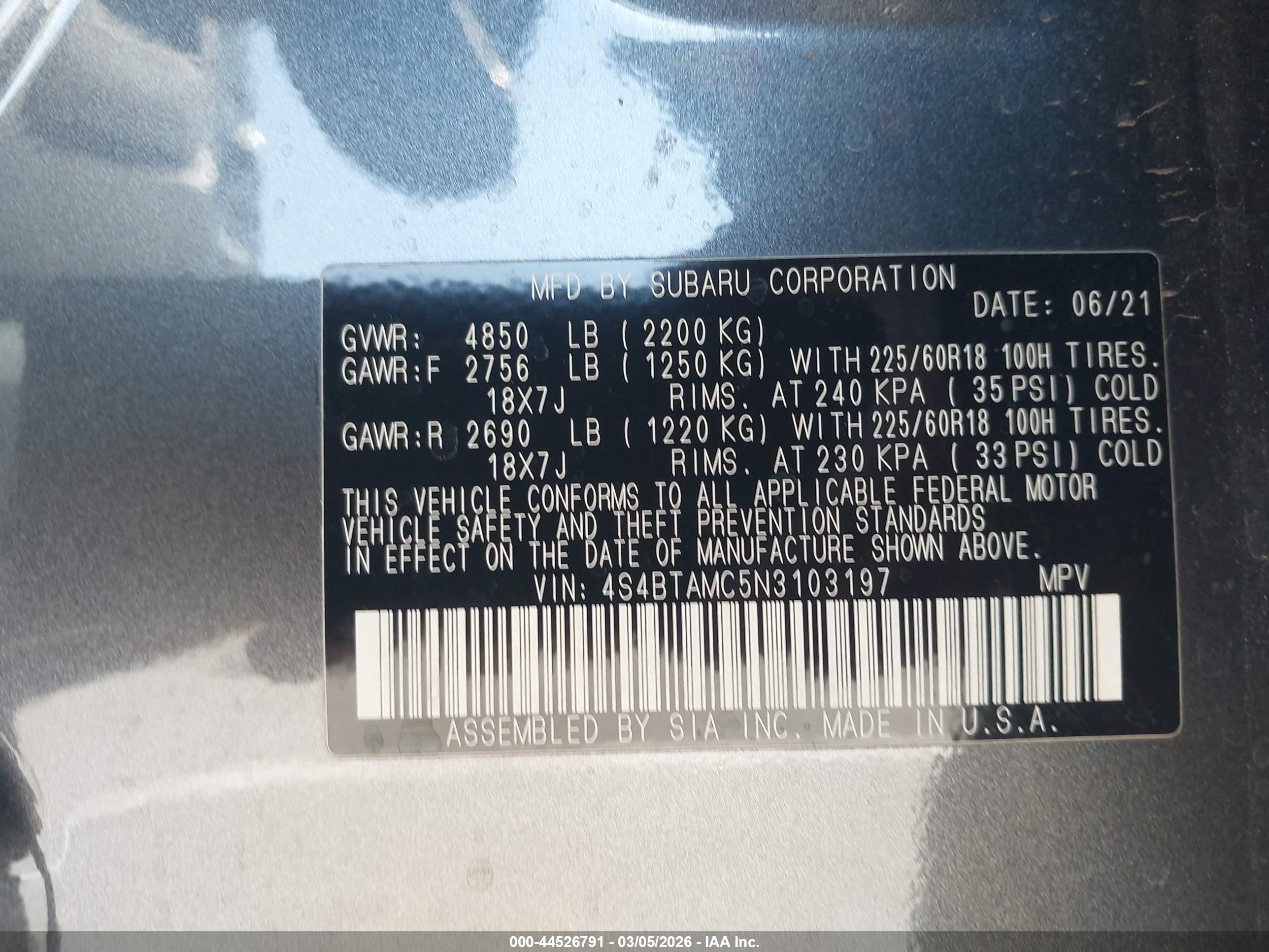 2022 Subaru Outback VIN 4S4BTAMC5N3103197 IAAI salvage auction — Side, Salvage (Arizona), sold $10,000 on 2026-10-14 (photo 9)