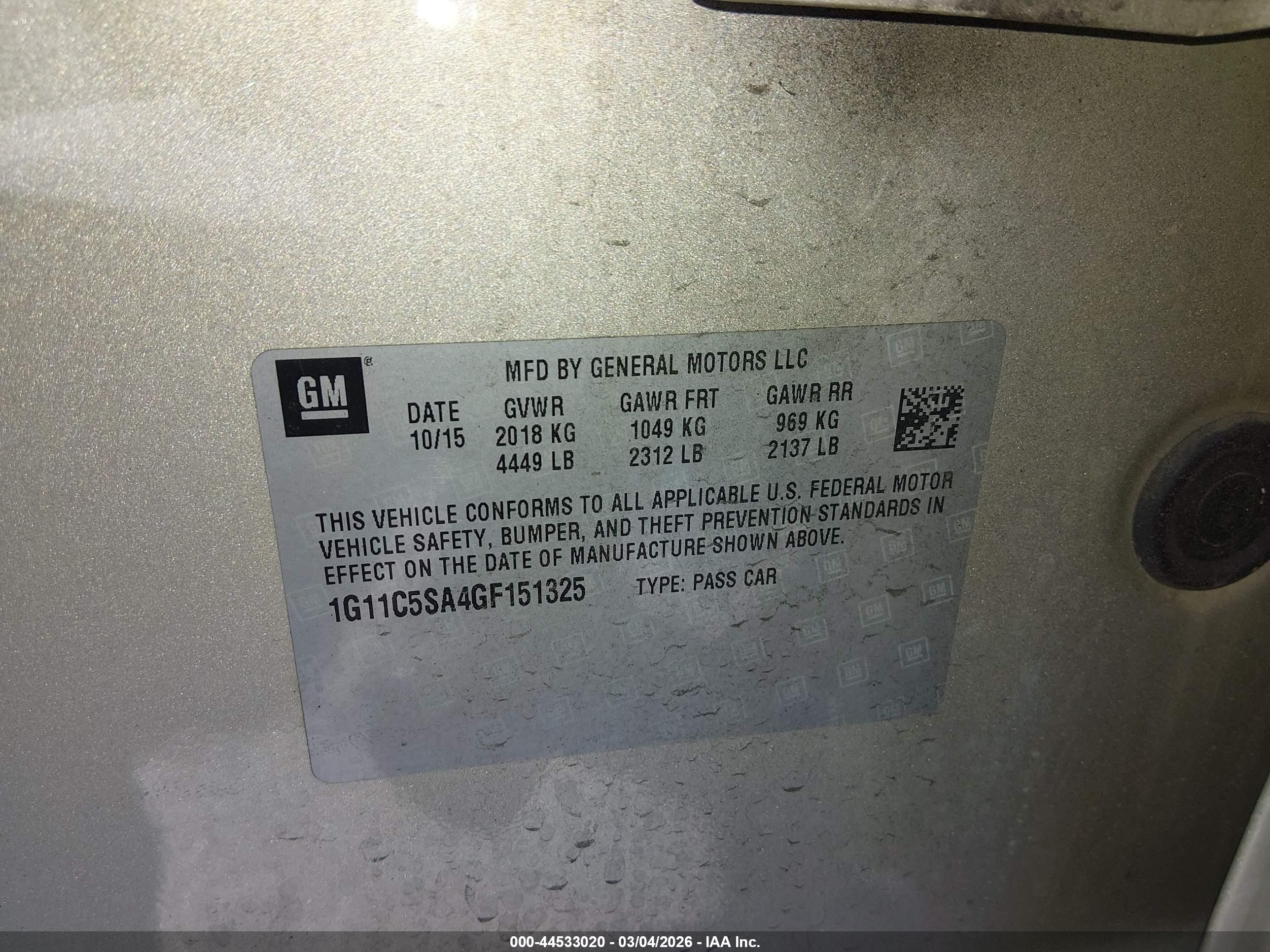 2016 Chevrolet Malibu Limited VIN 1G11C5SA4GF151325 IAAI salvage auction — Front End, Salvage (Utah), sold $325 on 2026-07-09 (photo 9)