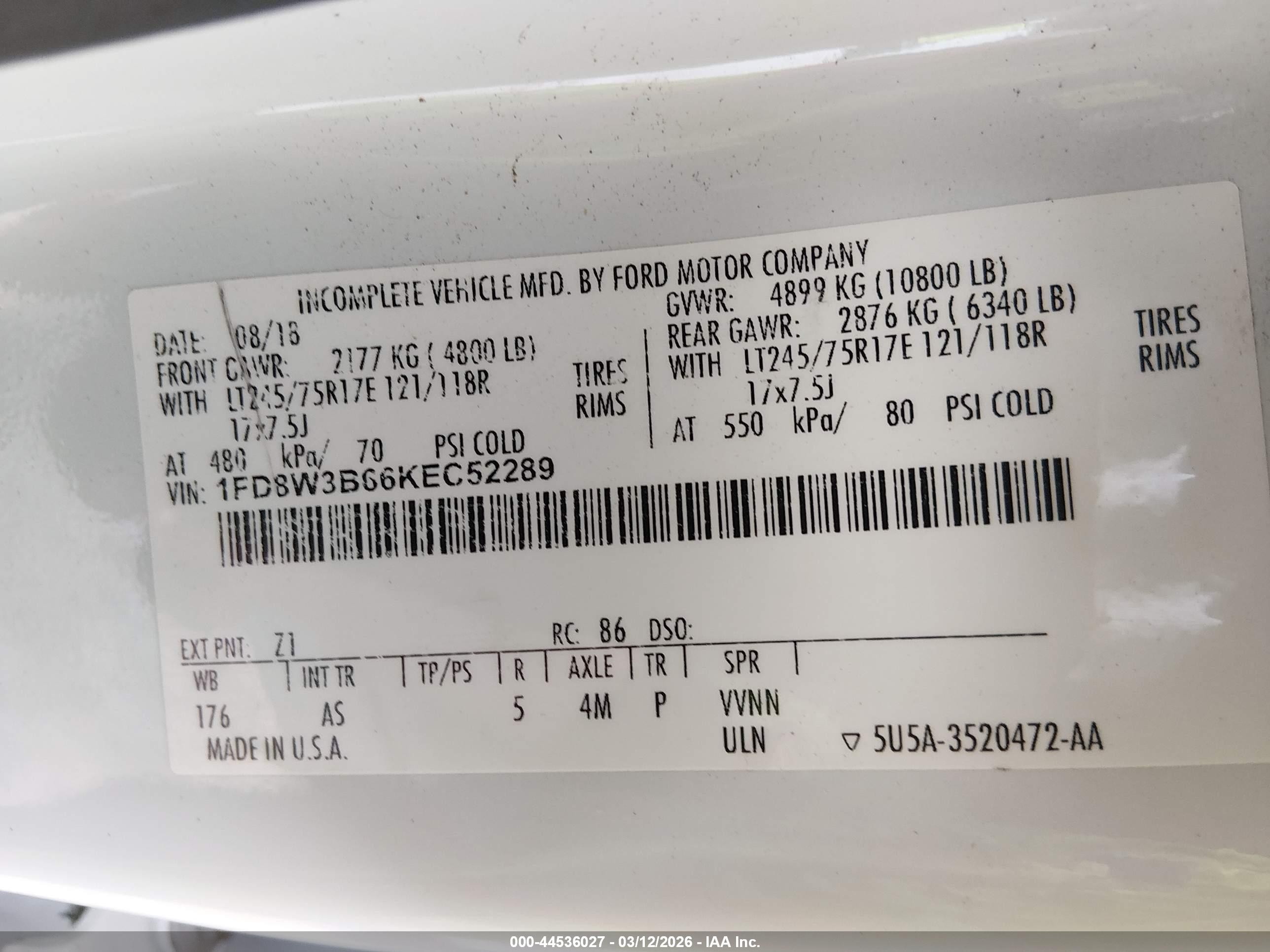 2019 Ford F350 VIN 1FD8W3B66KEC52289 IAAI salvage auction — Side, Salvage (North Carolina), sold $6,400 on 2026-09-02 (photo 8)