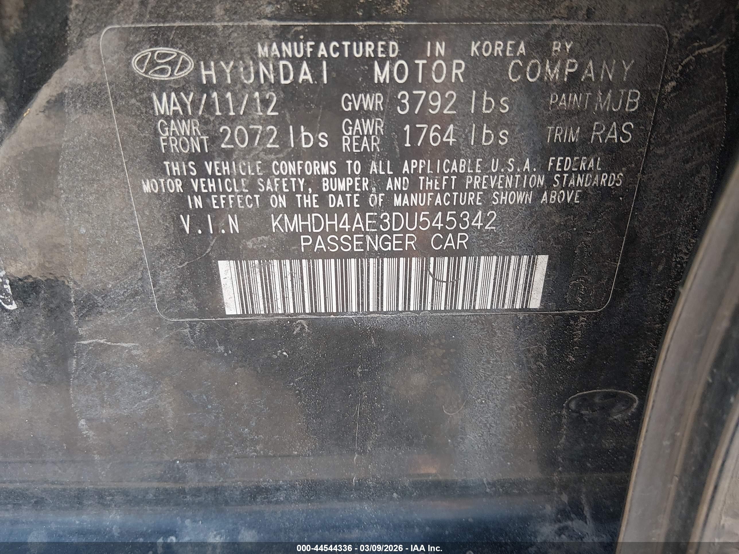2013 Hyundai Elantra VIN KMHDH4AE3DU545342 IAAI salvage auction — Front End, Salvage (Nevada), sold $350 on 2026-07-10 (photo 9)
