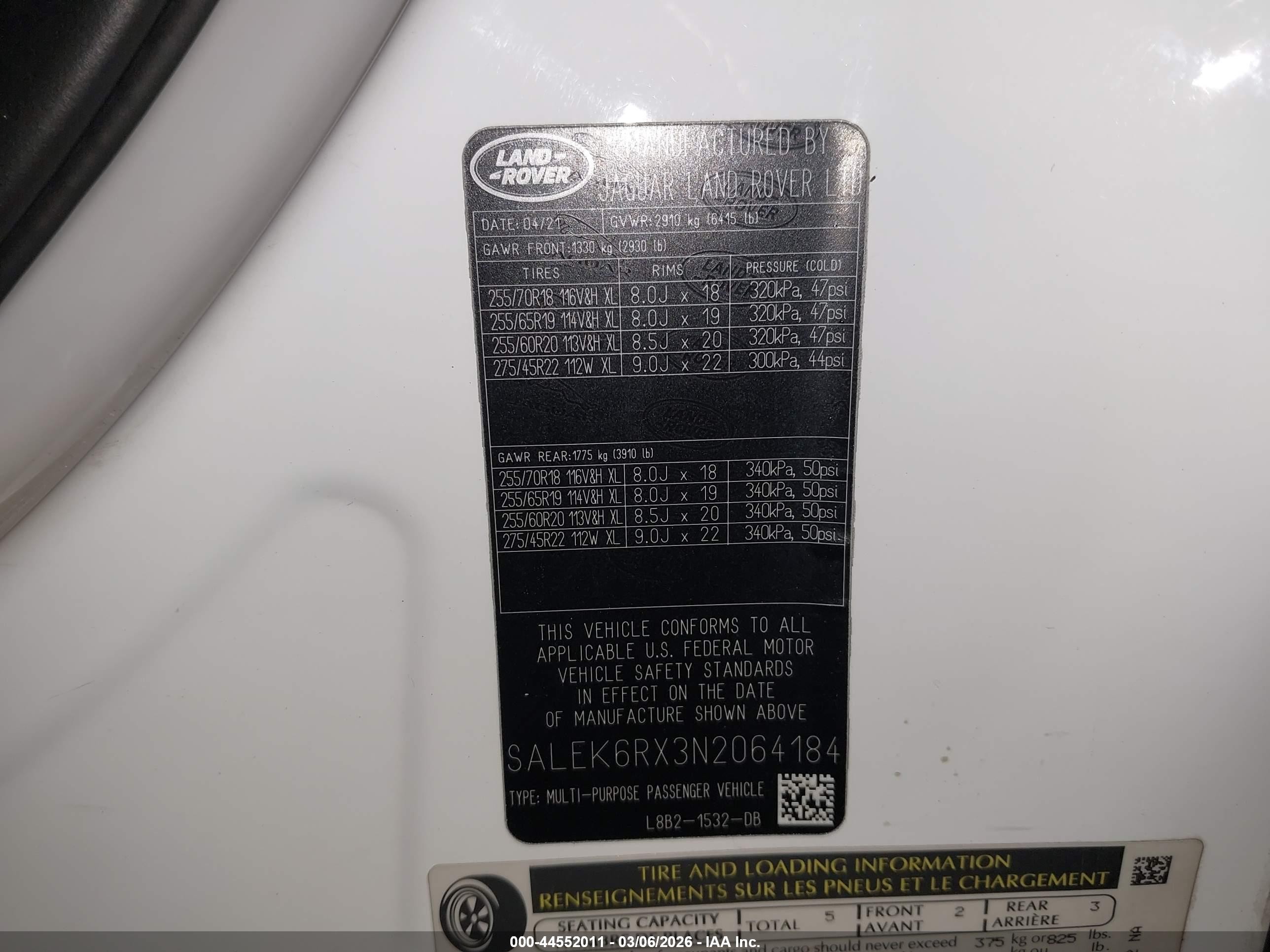 2022 Land rover Defender VIN SALEK6RX3N2064184 IAAI salvage auction — Side, Mv-907A (New York), sold $18,100 on 2026-06-30 (photo 9)