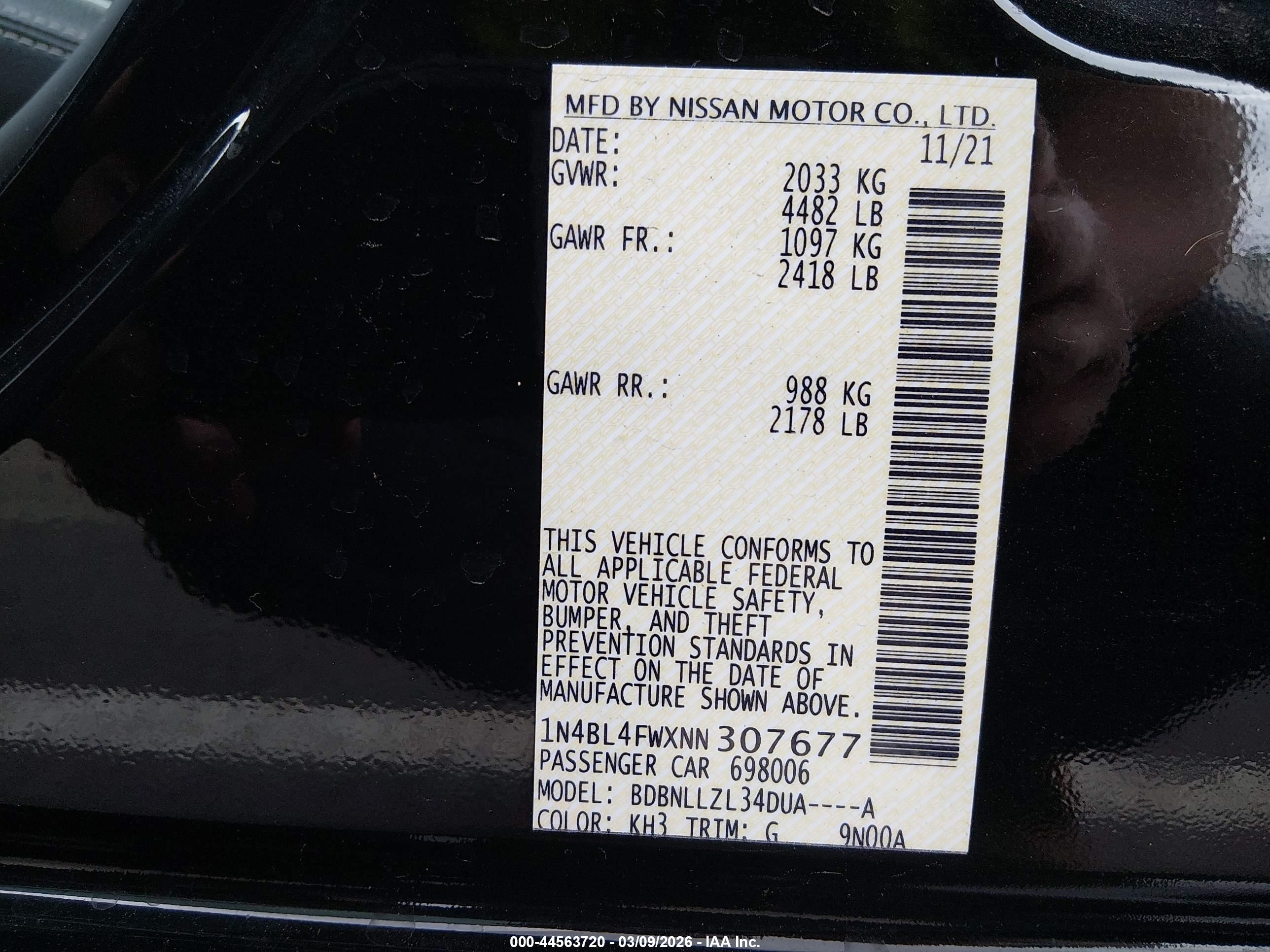 2022 Nissan Altima VIN 1N4BL4FWXNN307677 IAAI salvage auction — Rear End, Salvage (Mississippi), sold $3,750 on 2026-09-11 (photo 9)