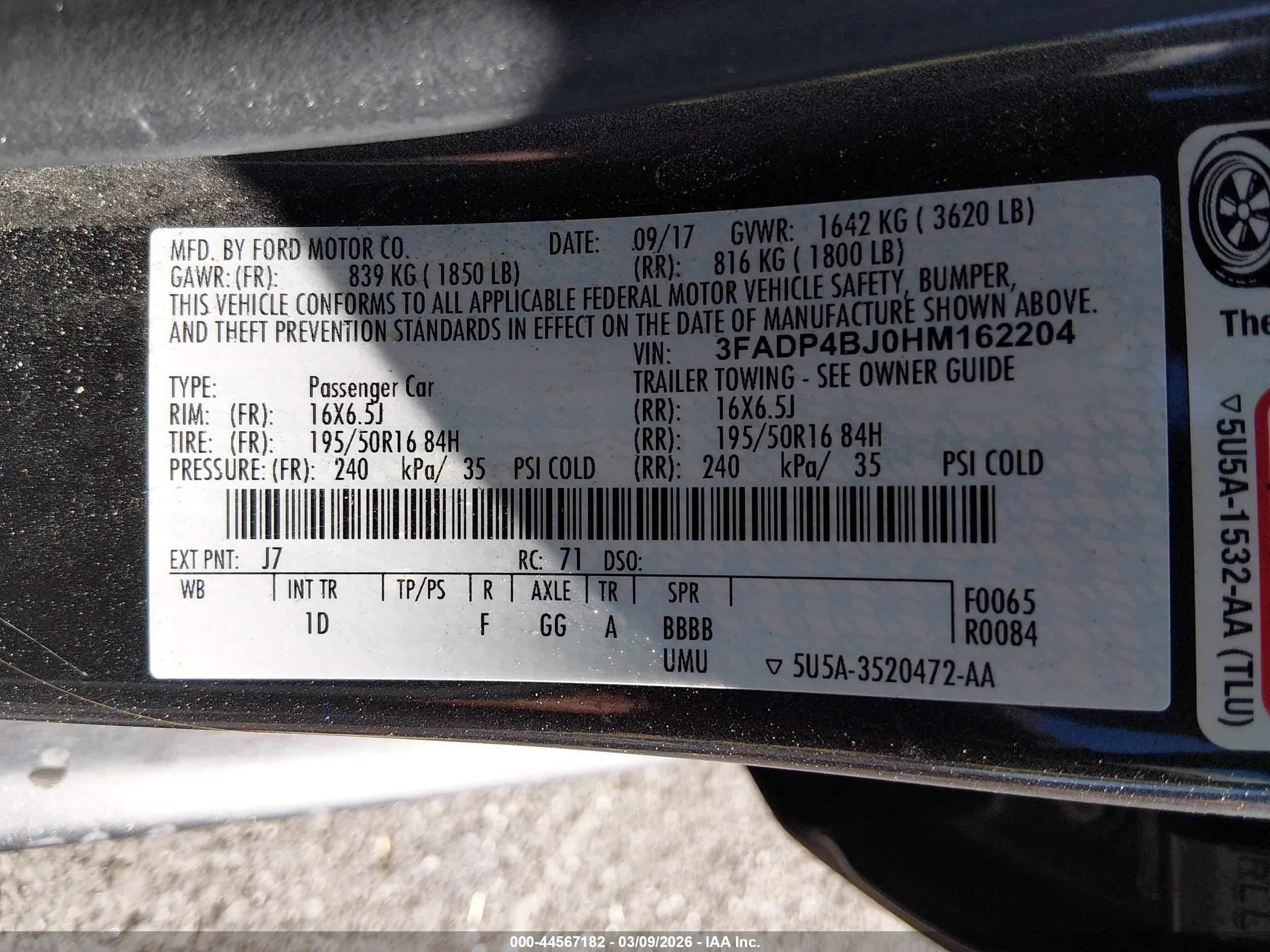 2017 Ford Fiesta VIN 3FADP4BJ0HM162204 IAAI salvage auction — Unknown, Salvage (Nevada), sold $1,200 on 2026-07-11 (photo 9)
