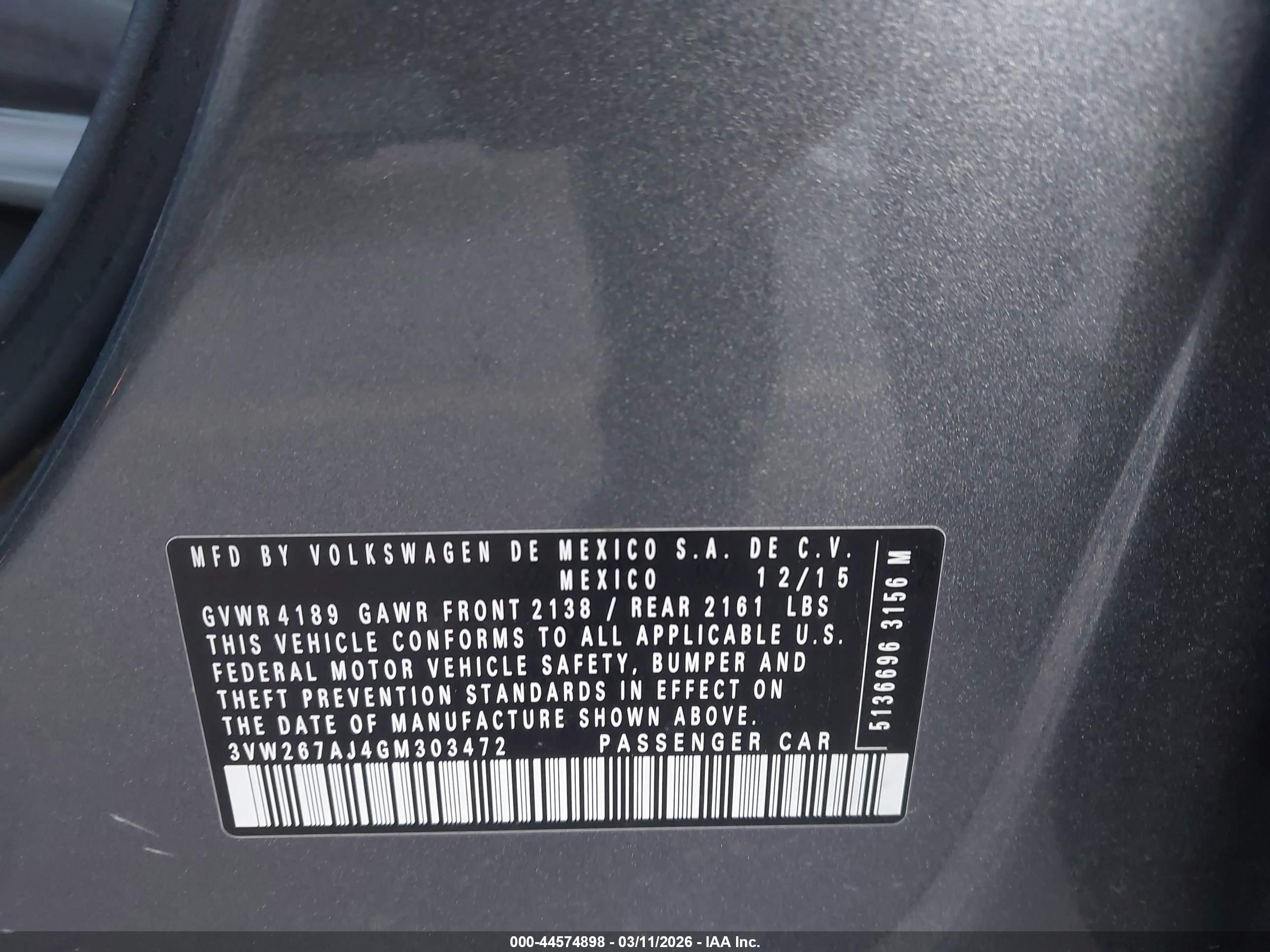 2016 Volkswagen Jetta VIN 3VW267AJ4GM303472 IAAI salvage auction — Front End, Salvage (Utah), sold $1,050 on 2026-07-02 (photo 9)