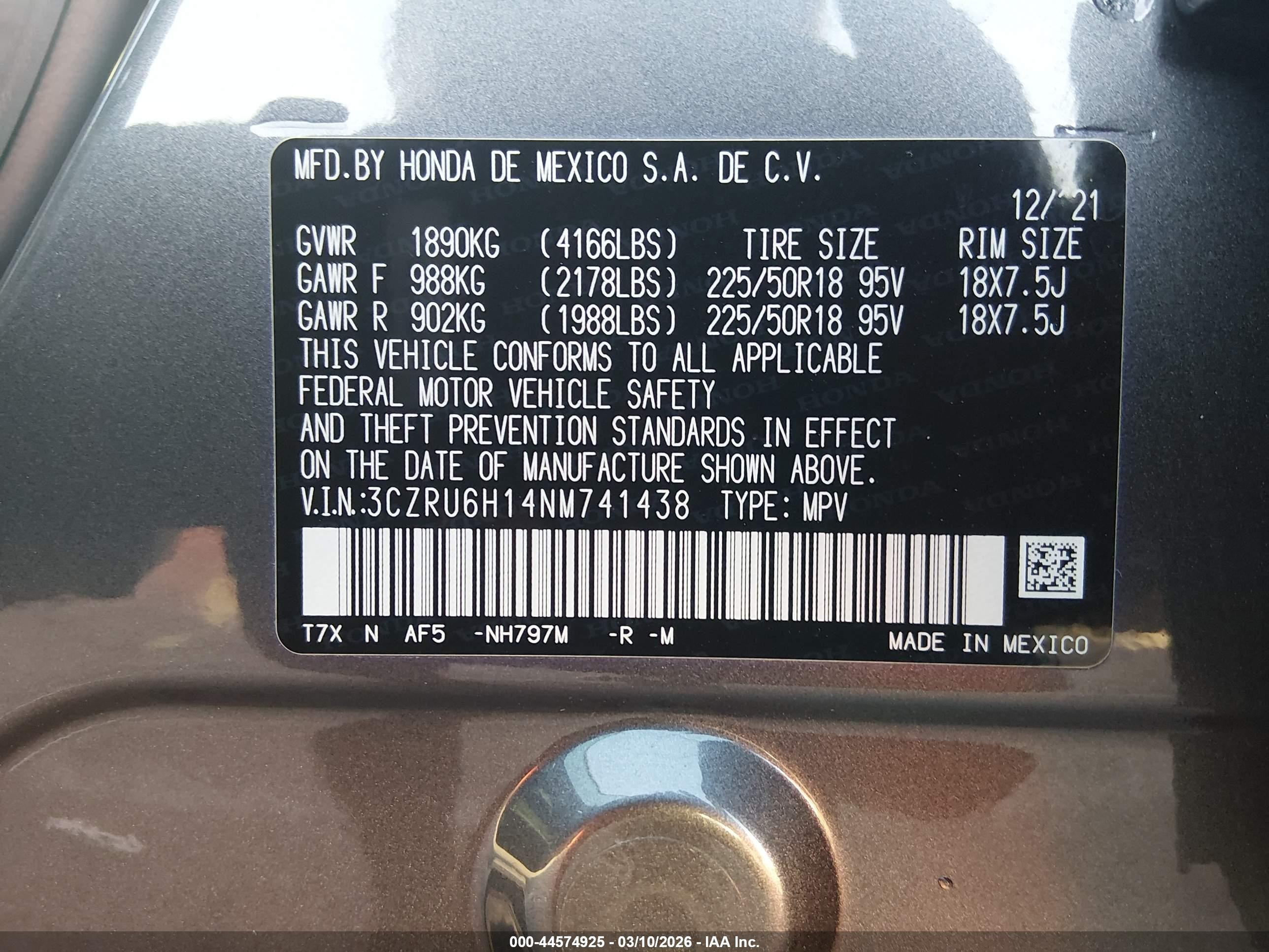 2022 Honda HR-V VIN 3CZRU6H14NM741438 IAAI salvage auction — Front End, Salvage (Nevada), sold $7,400 on 2026-07-10 (photo 9)