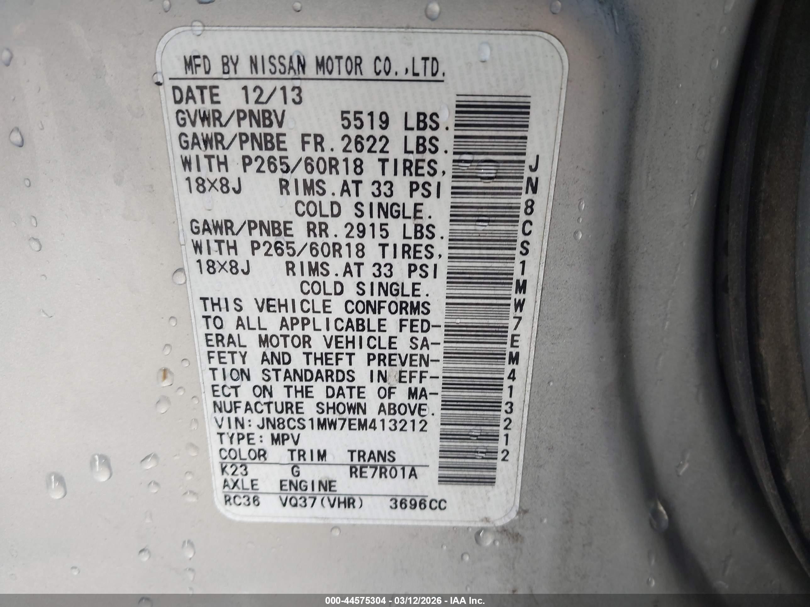 2014 Infiniti QX70 VIN JN8CS1MW7EM413212 IAAI salvage auction — Unknown, Salvage (California), sold $300 on 2026-07-02 (photo 9)