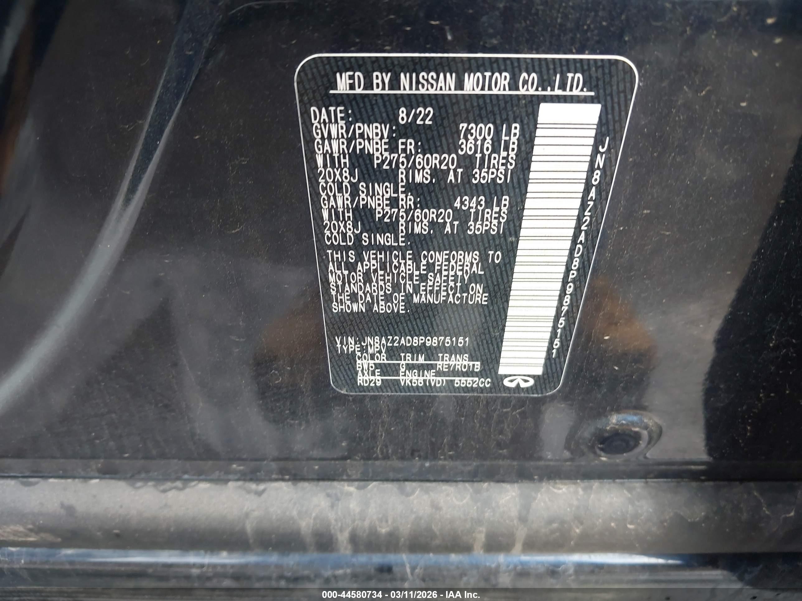 2023 Infiniti Qx80 VIN JN8AZ2AD8P9875151 IAAI salvage auction — Rollover, Original (Texas), sold $5,600 on 2026-09-11 (photo 9)