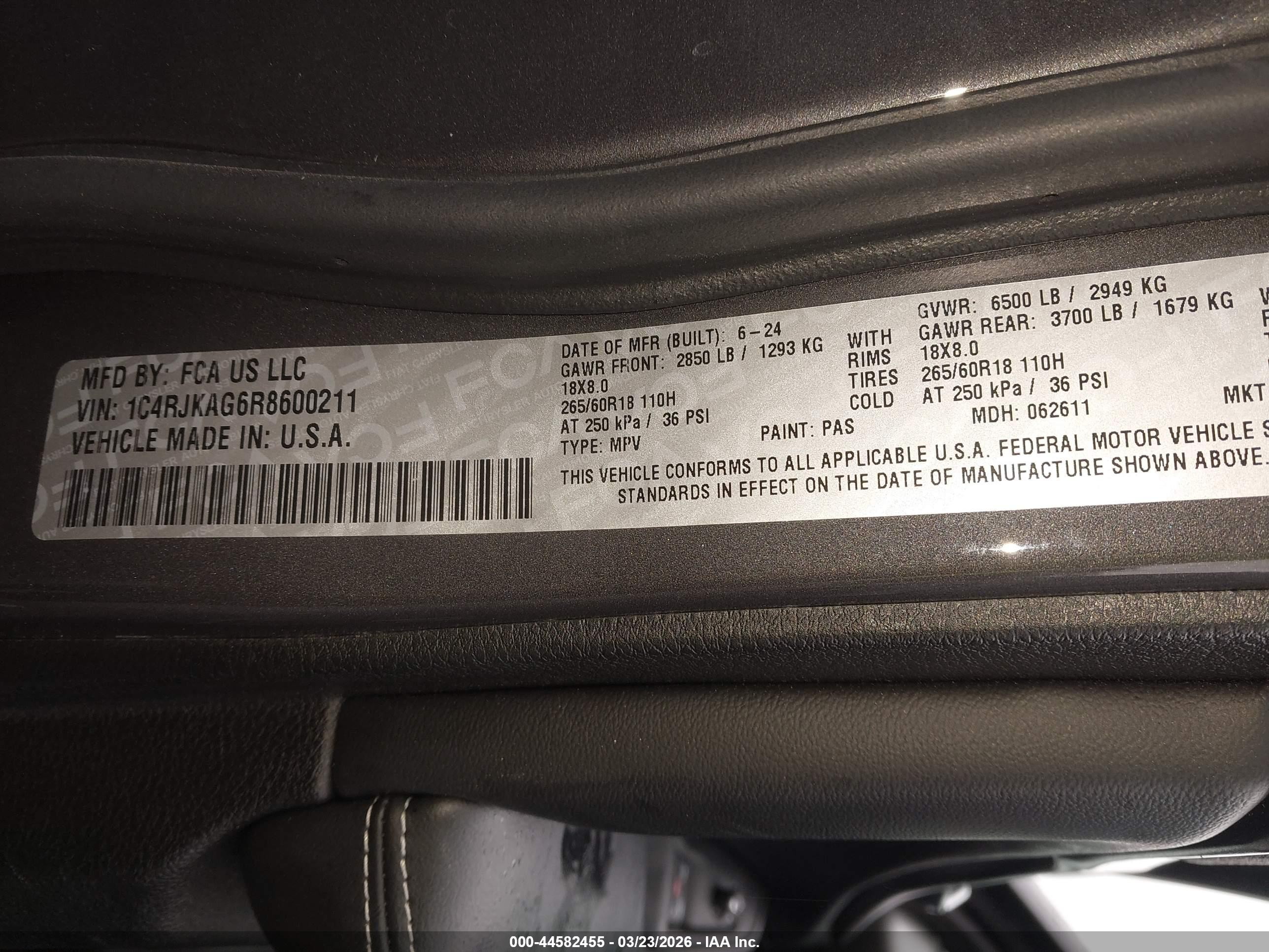 2024 Jeep Grand Cherokee L VIN 1C4RJKAG6R8600211 IAAI salvage auction — Front End, Salvage (New Jersey), sold $12,000 on 2026-07-05 (photo 9)
