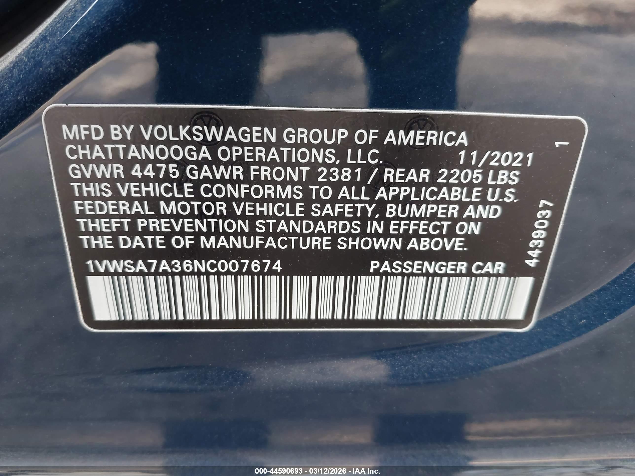 2022 Volkswagen Passat VIN 1VWSA7A36NC007674 IAAI salvage auction — Rear End, Certificate Of Destruction (Florida), sold $3,200 on 2026-09-05 (photo 9)