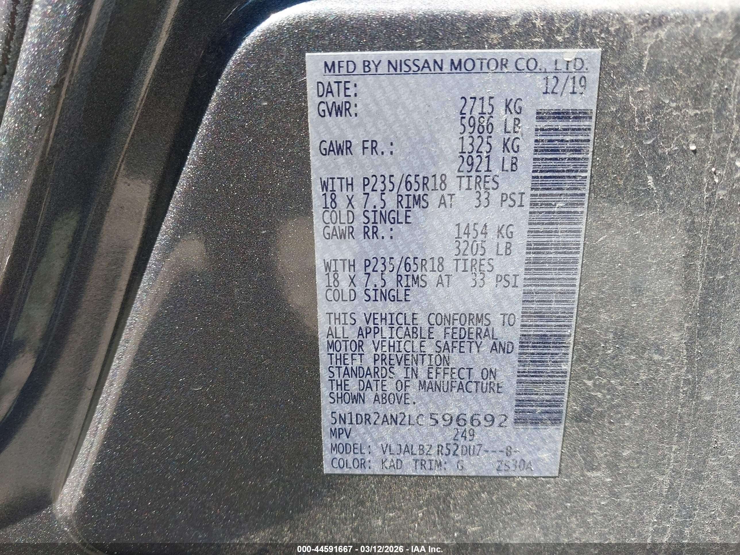 2020 Nissan Pathfinder VIN 5N1DR2AN2LC596692 IAAI salvage auction — Front End, Salvage (Mississippi), sold $400 on 2026-07-01 (photo 9)