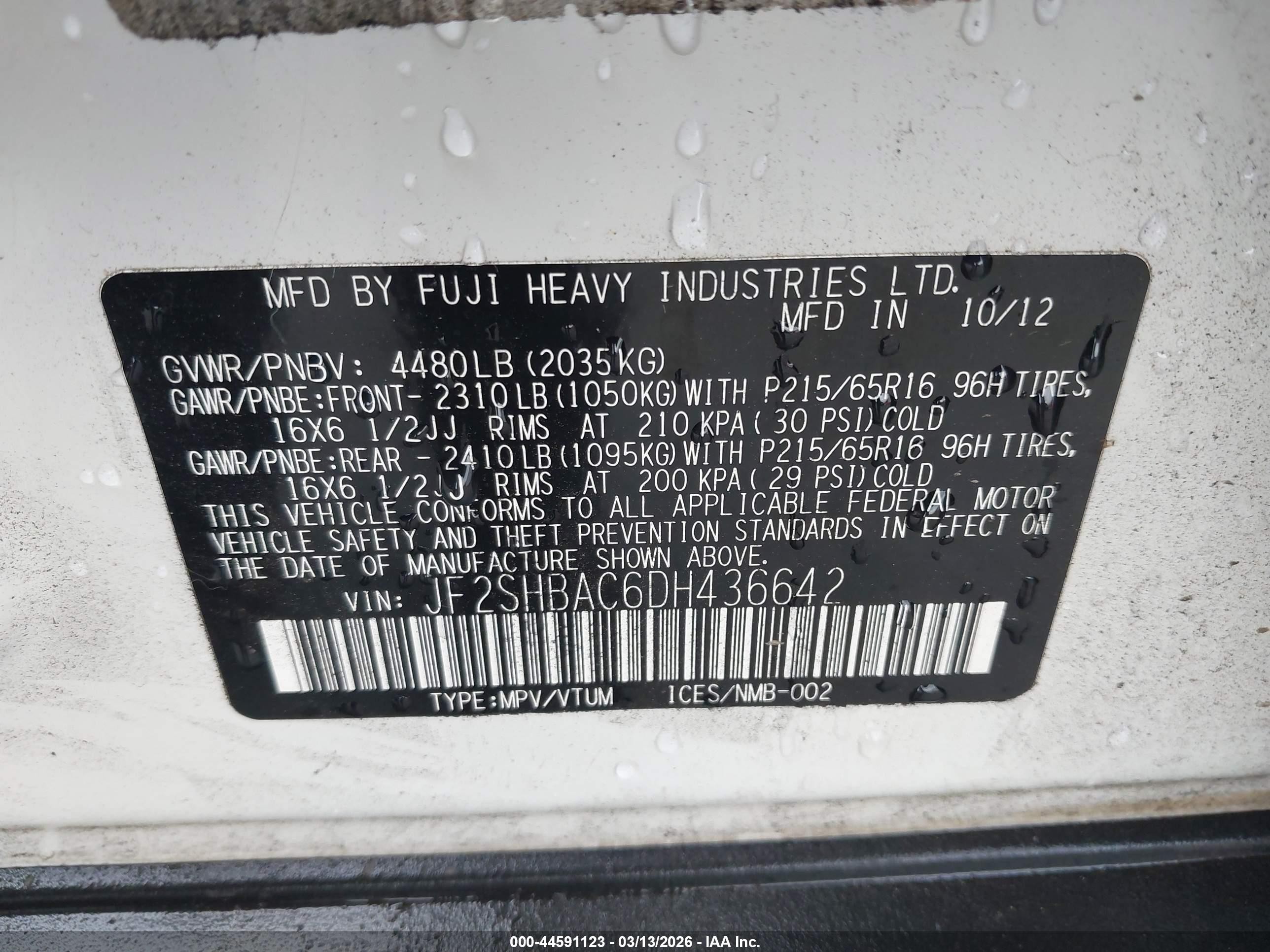 2013 Subaru Forester VIN JF2SHBAC6DH436642 IAAI salvage auction — Front & Rear, Salvage (Oregon), sold $700 on 2026-07-09 (photo 9)