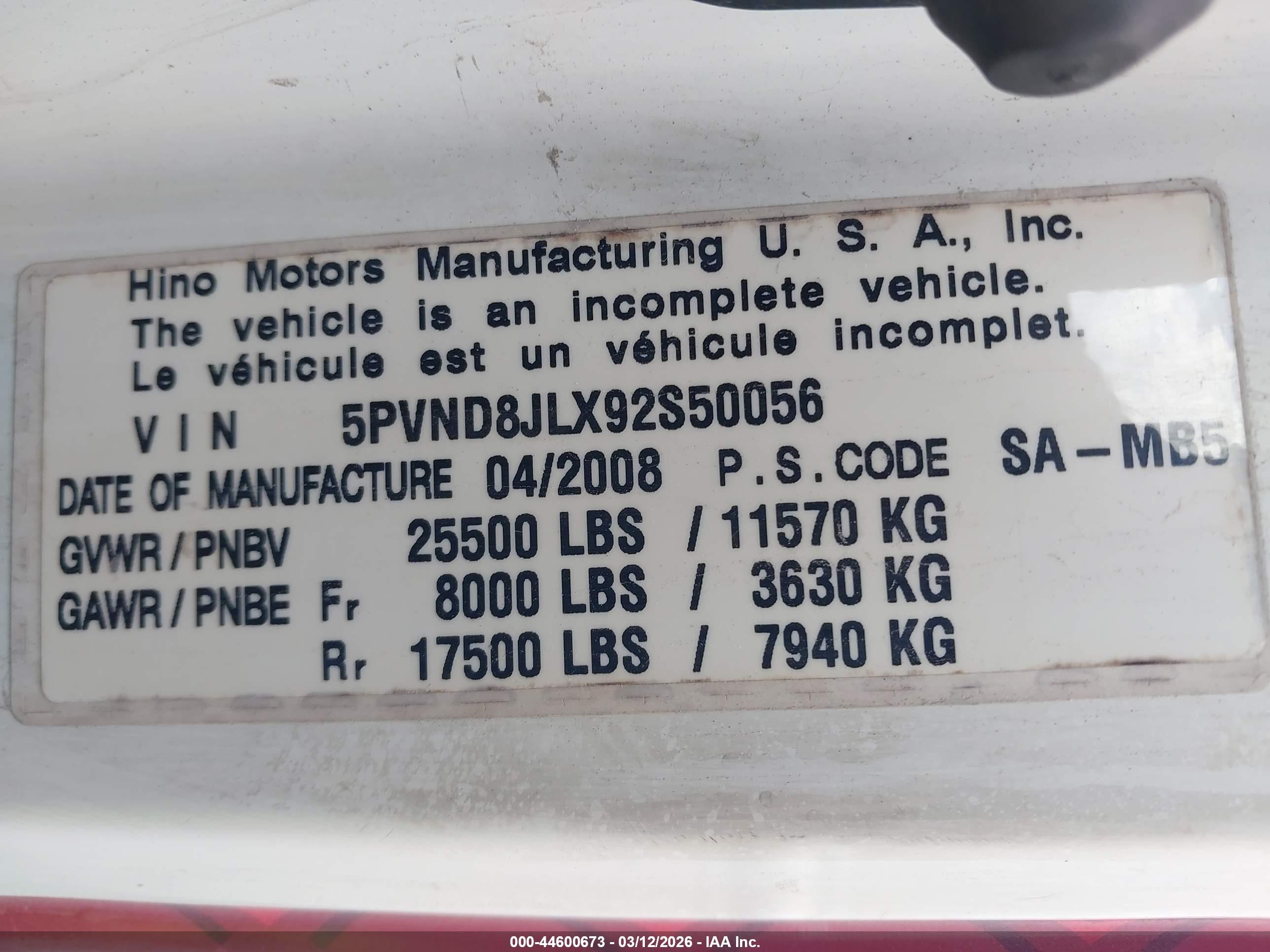 2009 Hino 258 VIN 5PVND8JLX92S50056 IAAI salvage auction — Normal Wear, Clear (Florida), sold $30,000 on 2026-04-21 (photo 8)