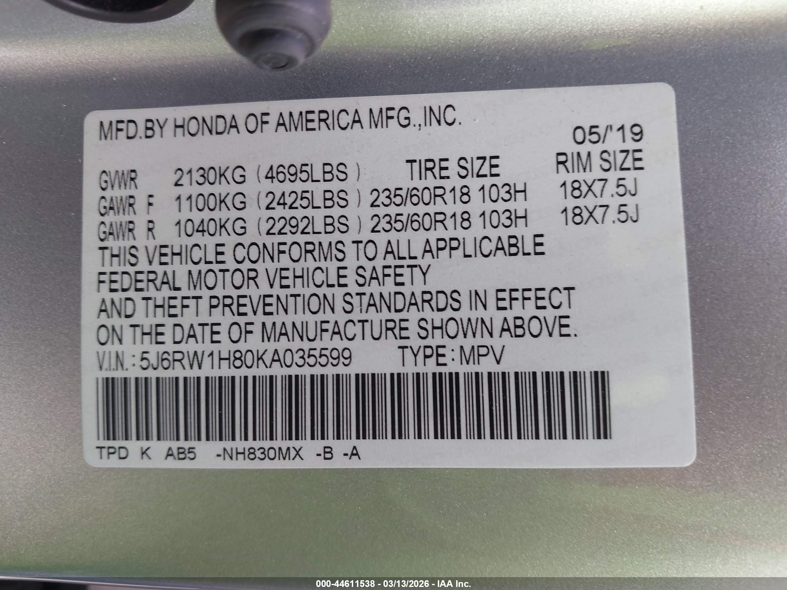 2019 Honda CR-V VIN 5J6RW1H80KA035599 IAAI salvage auction — Theft, Salvage (California), sold $5,950 on 2026-07-09 (photo 9)