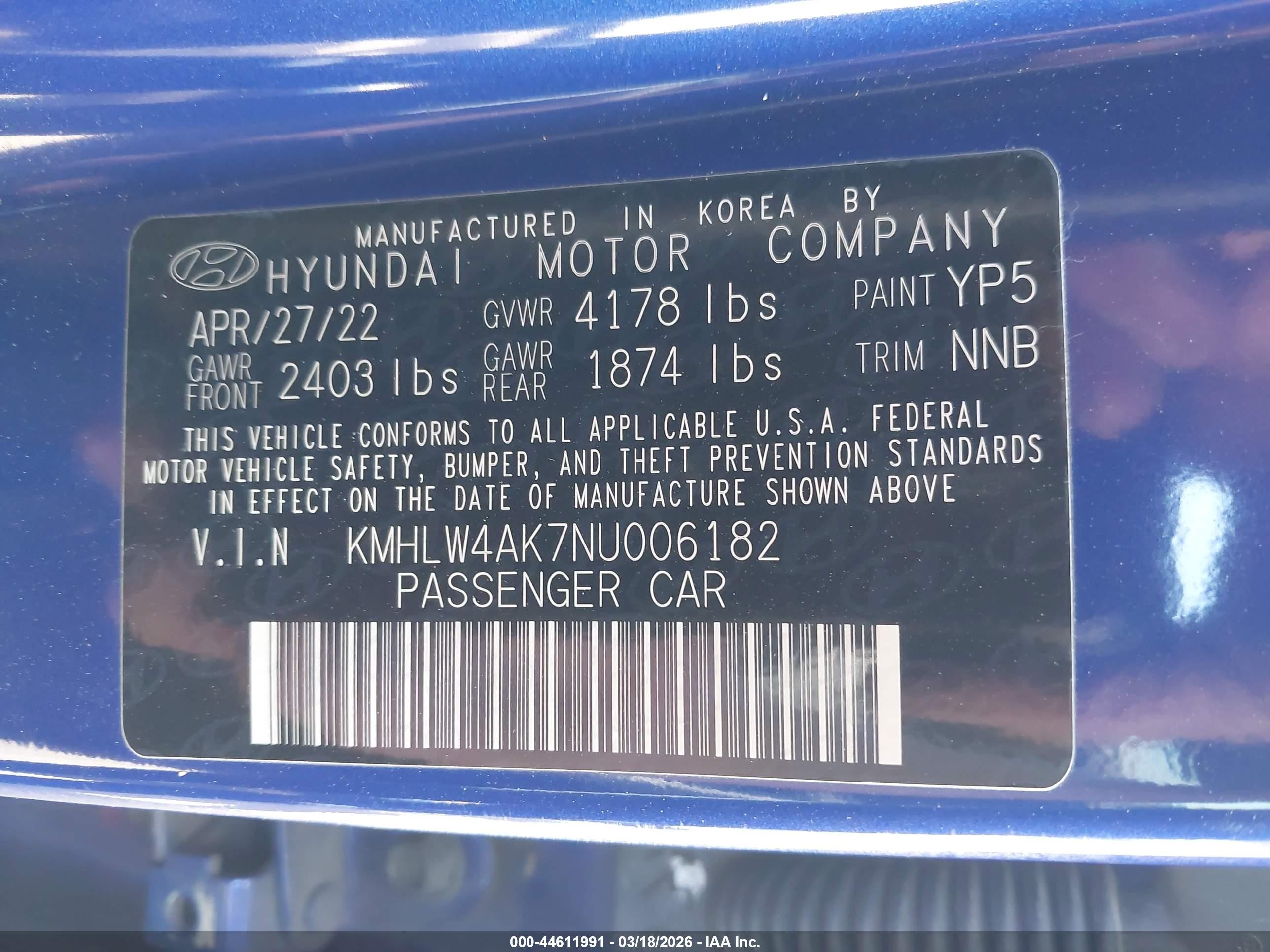 2022 Hyundai Elantra VIN KMHLW4AK7NU006182 IAAI salvage auction — Front & Rear, Salvage Certificate (California), sold $4,650 on 2026-09-14 (photo 9)