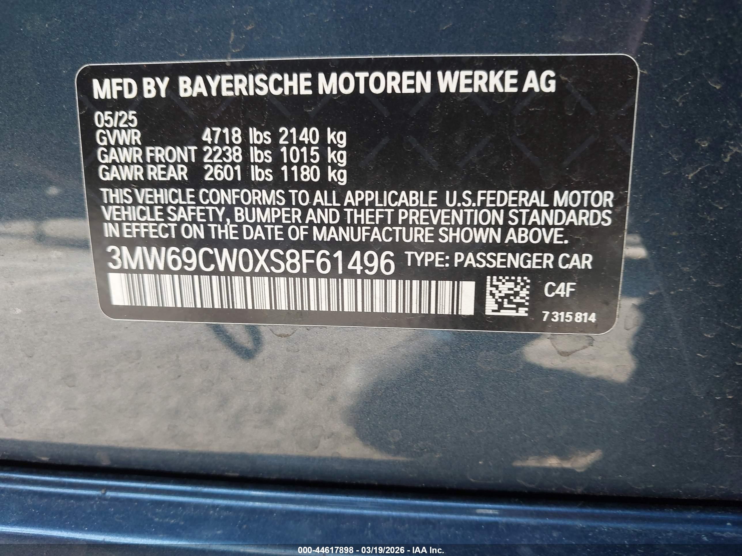 2025 BMW 3er VIN 3MW69CW0XS8F61496 IAAI salvage auction — Theft, Clear - Dealer Only (California), sold $19,450 on 2026-08-17 (photo 9)