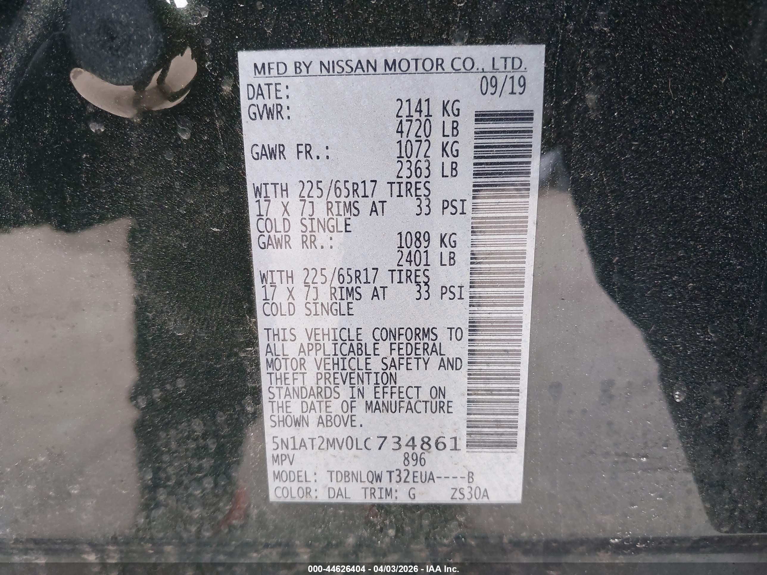 2020 Nissan Rogue VIN 5N1AT2MV0LC734861 IAAI salvage auction — Biohazard/Chemical, Mv-907A (New York), sold $1,000 on 2026-07-11 (photo 9)