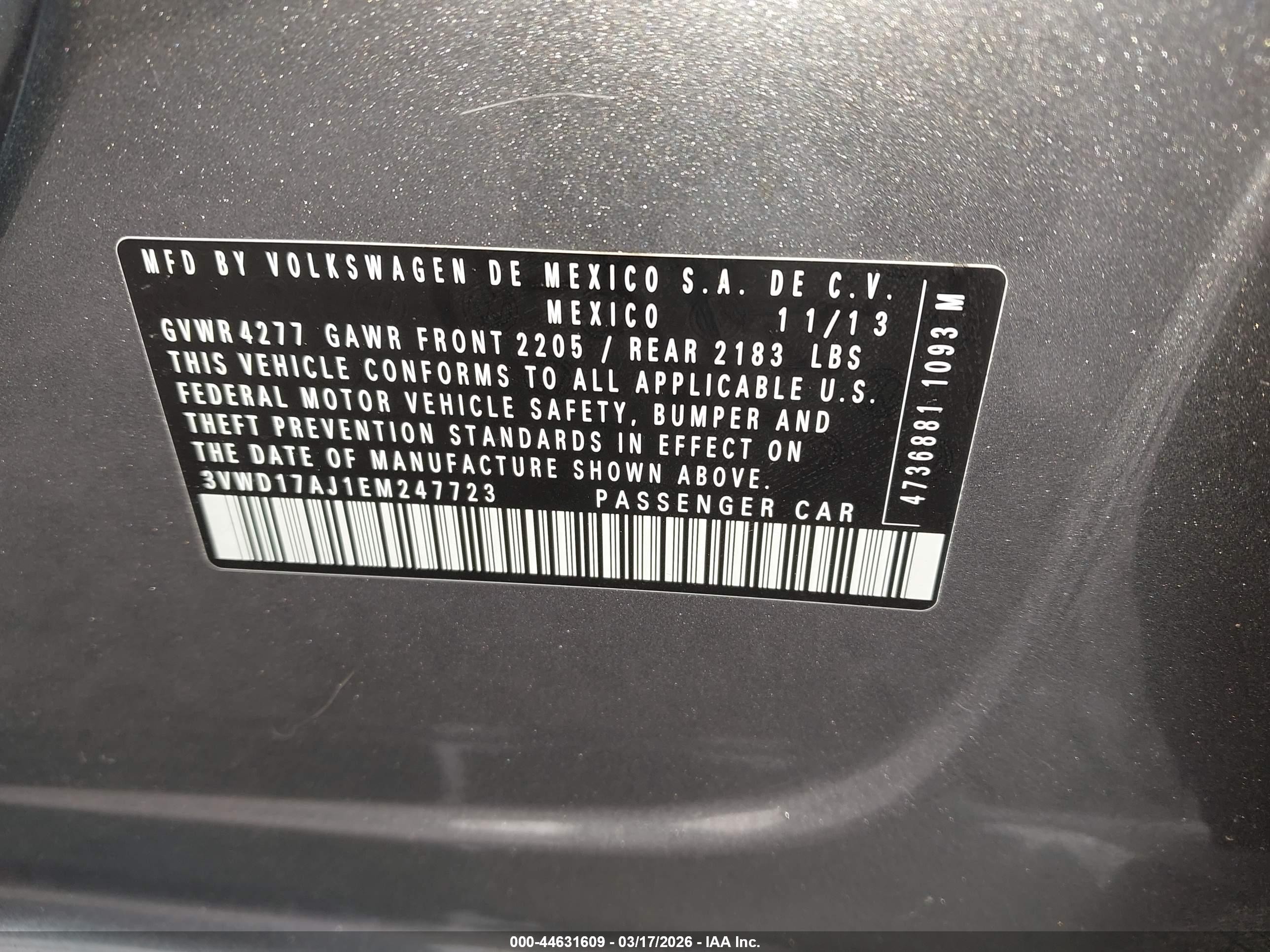 2014 Volkswagen Jetta VIN 3VWD17AJ1EM247723 IAAI salvage auction — Unknown, Bill Of Sale (Washington), sold $725 on 2026-09-12 (photo 9)